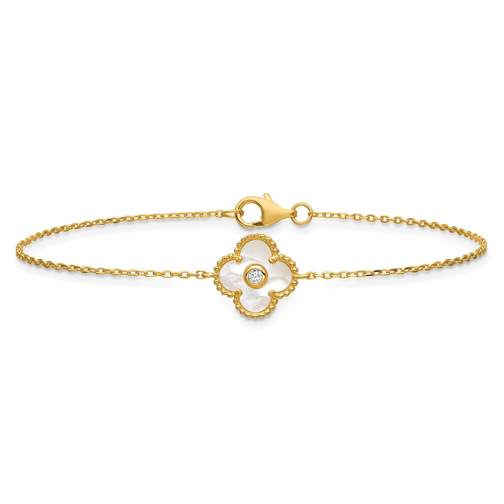 Mother of Pearl and Cubic Zirconia Flower Bracelet in Gold-Plated Sterling Silver, 7.5 Inch - Sophia Jewelers