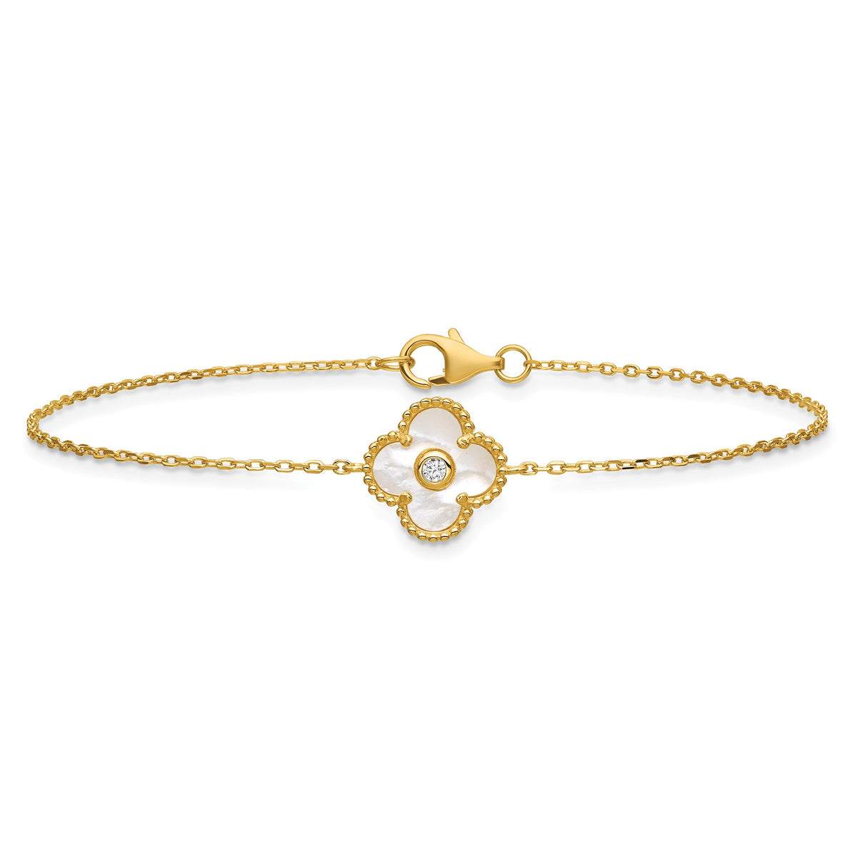 Mother of Pearl and Cubic Zirconia Flower Bracelet in Gold-Plated Sterling Silver, 7.5 Inch - Sophia Jewelers