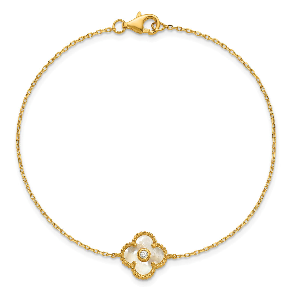 Mother of Pearl and Cubic Zirconia Flower Bracelet in Gold-Plated Sterling Silver, 7.5 Inch - Sophia Jewelers