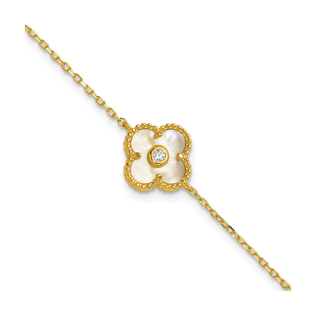 Mother of Pearl and Cubic Zirconia Flower Bracelet in Gold-Plated Sterling Silver, 7.5 Inch - Sophia Jewelers