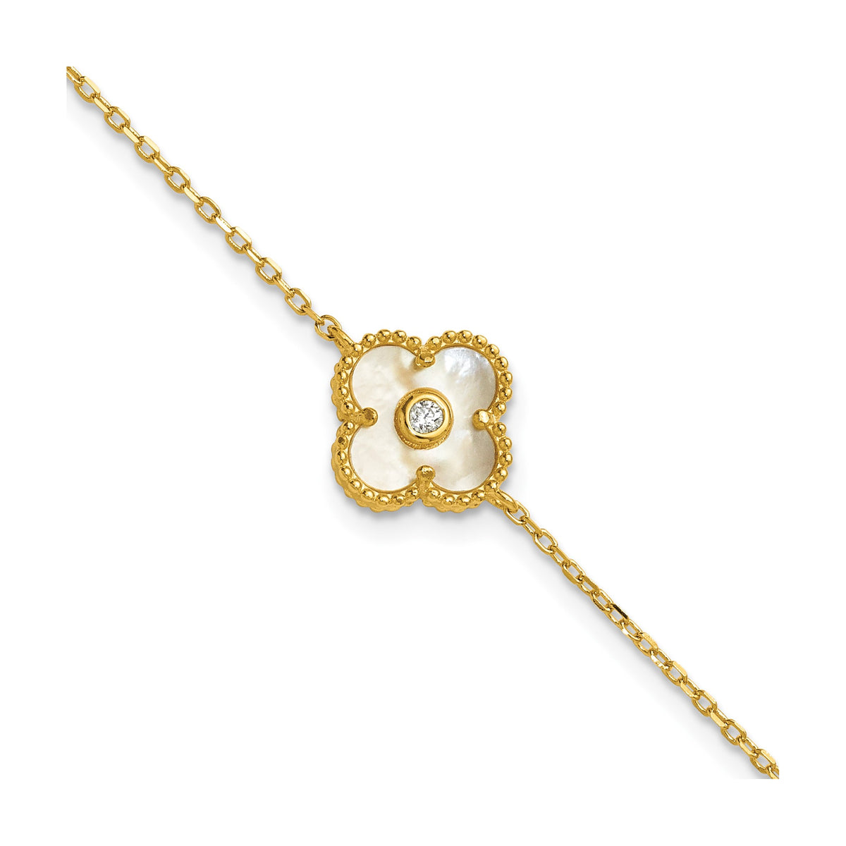 Mother of Pearl and Cubic Zirconia Flower Bracelet in Gold-Plated Sterling Silver, 7.5 Inch - Sophia Jewelers
