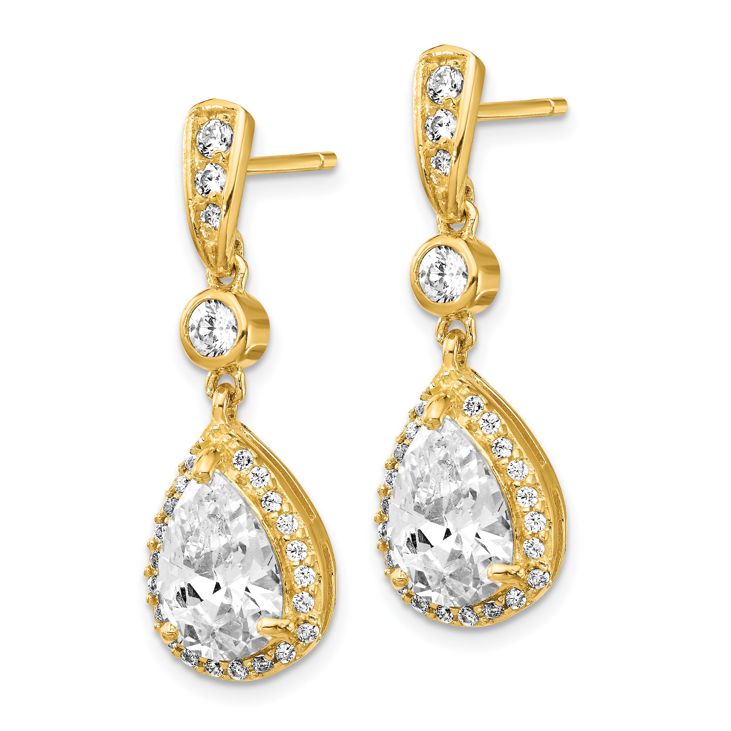 Cheryl M Sterling Silver Gold-plated Brilliant-cut CZ Teardrop and Bezel Halo Post Dangle Earrings Secondary image