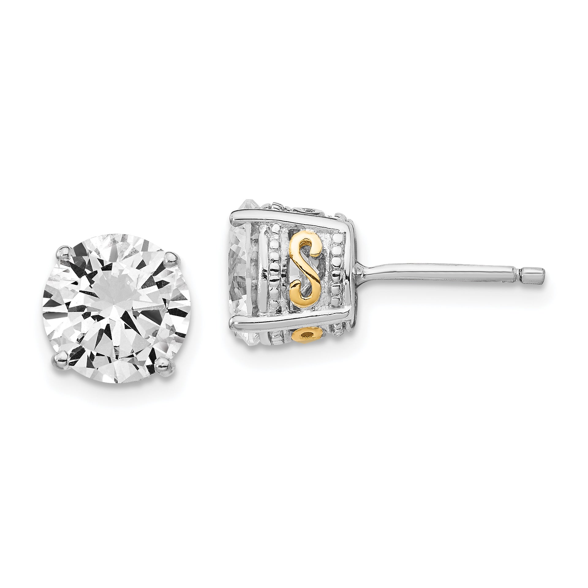 Cheryl M Sterling Silver Rhodium-plated with Gold-plated Accent Brilliant-cut 8mm CZ Stud Post Earrings Main image