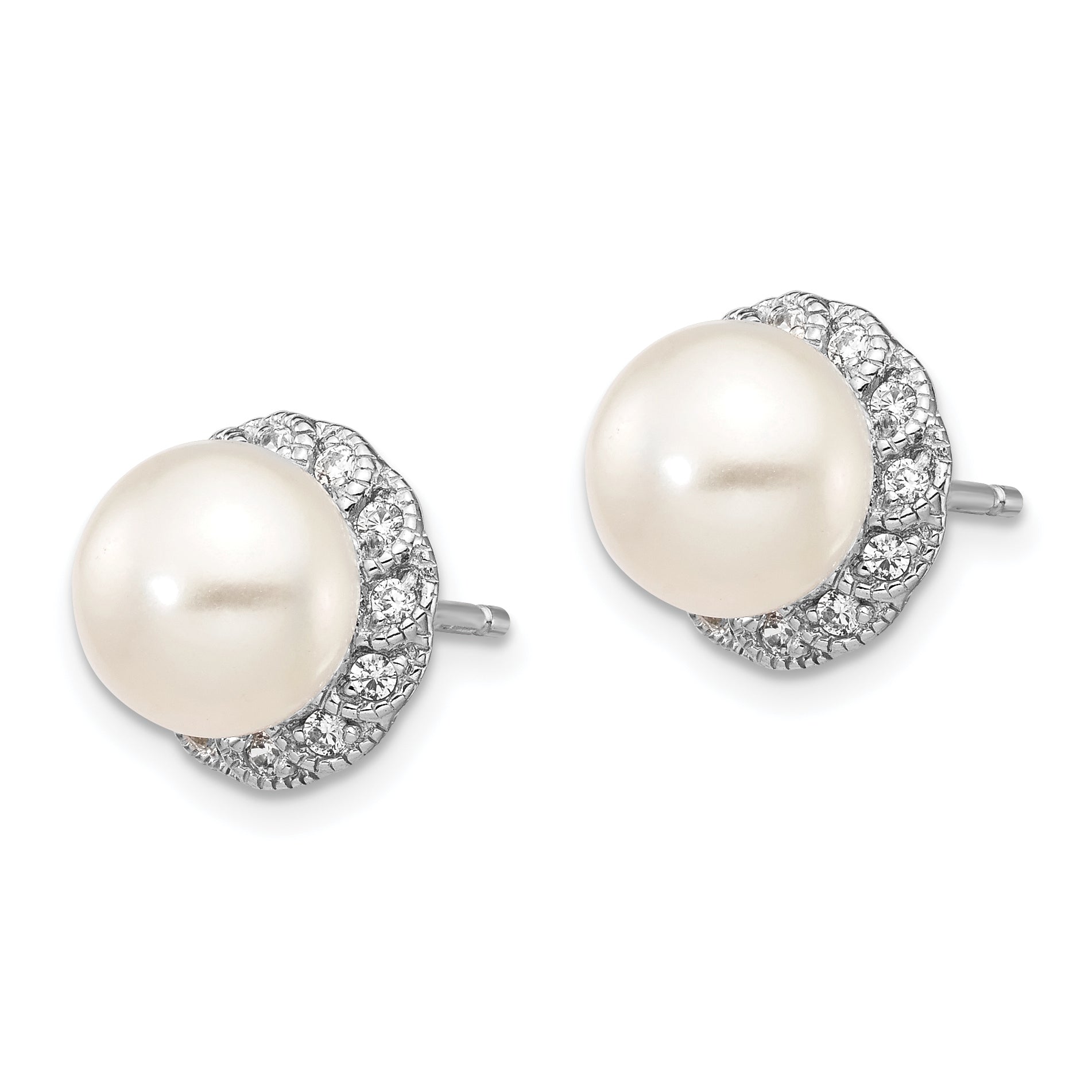 Cheryl M Sterling Silver Rhodium-plated White Freshwater Cultured Pearl and Brilliant-cut CZ Post Earrings Secondary image