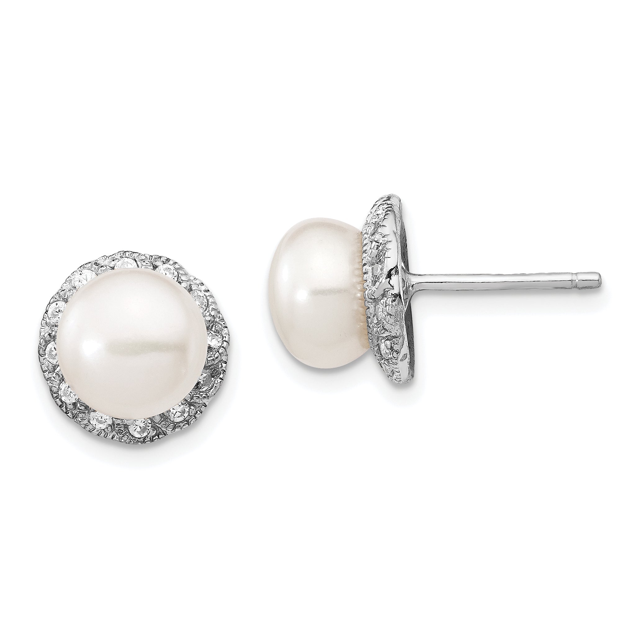 Cheryl M Sterling Silver Rhodium-plated White Freshwater Cultured Pearl and Brilliant-cut CZ Post Earrings Main image