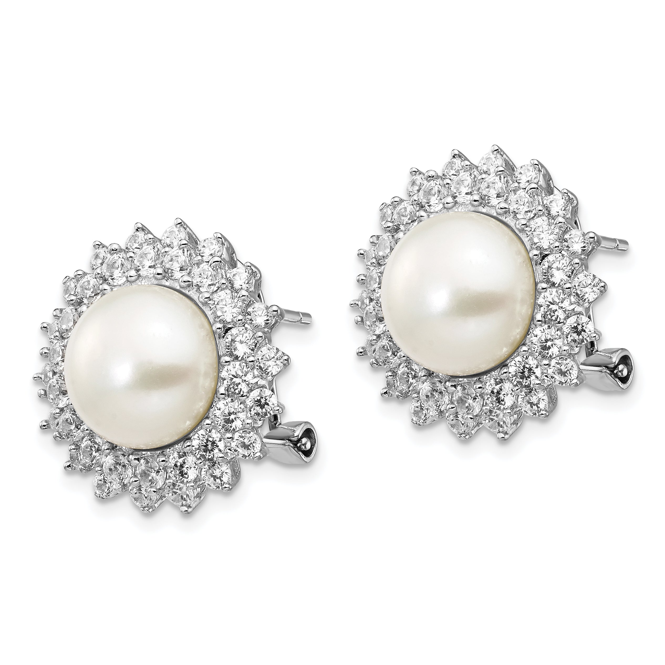 Cheryl M Sterling Silver Rhodium-plated Freshwater Cultured Pearl and Brilliant-cut CZ Omega Back Earrings Secondary image
