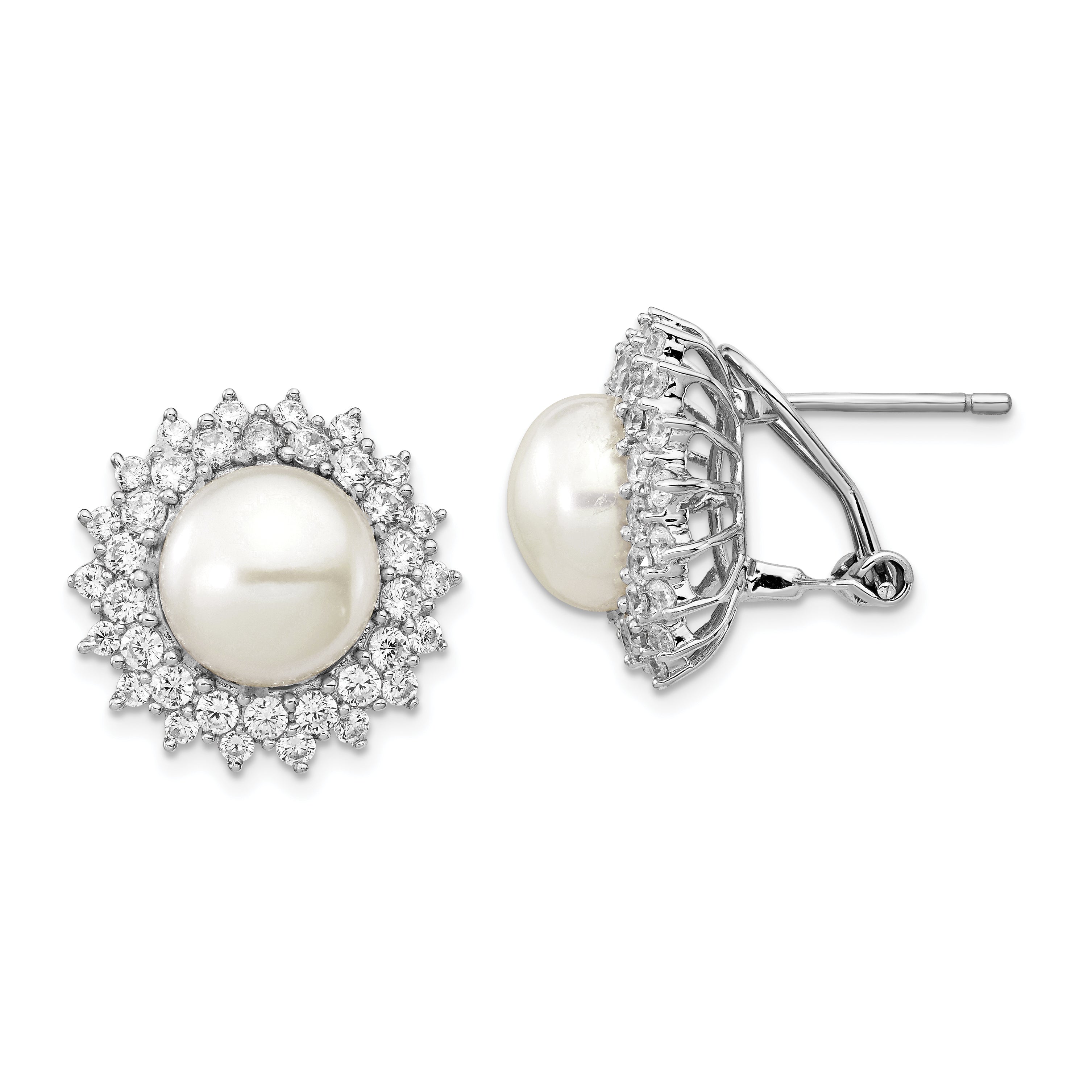 Cheryl M Sterling Silver Rhodium-plated Freshwater Cultured Pearl and Brilliant-cut CZ Omega Back Earrings Main image
