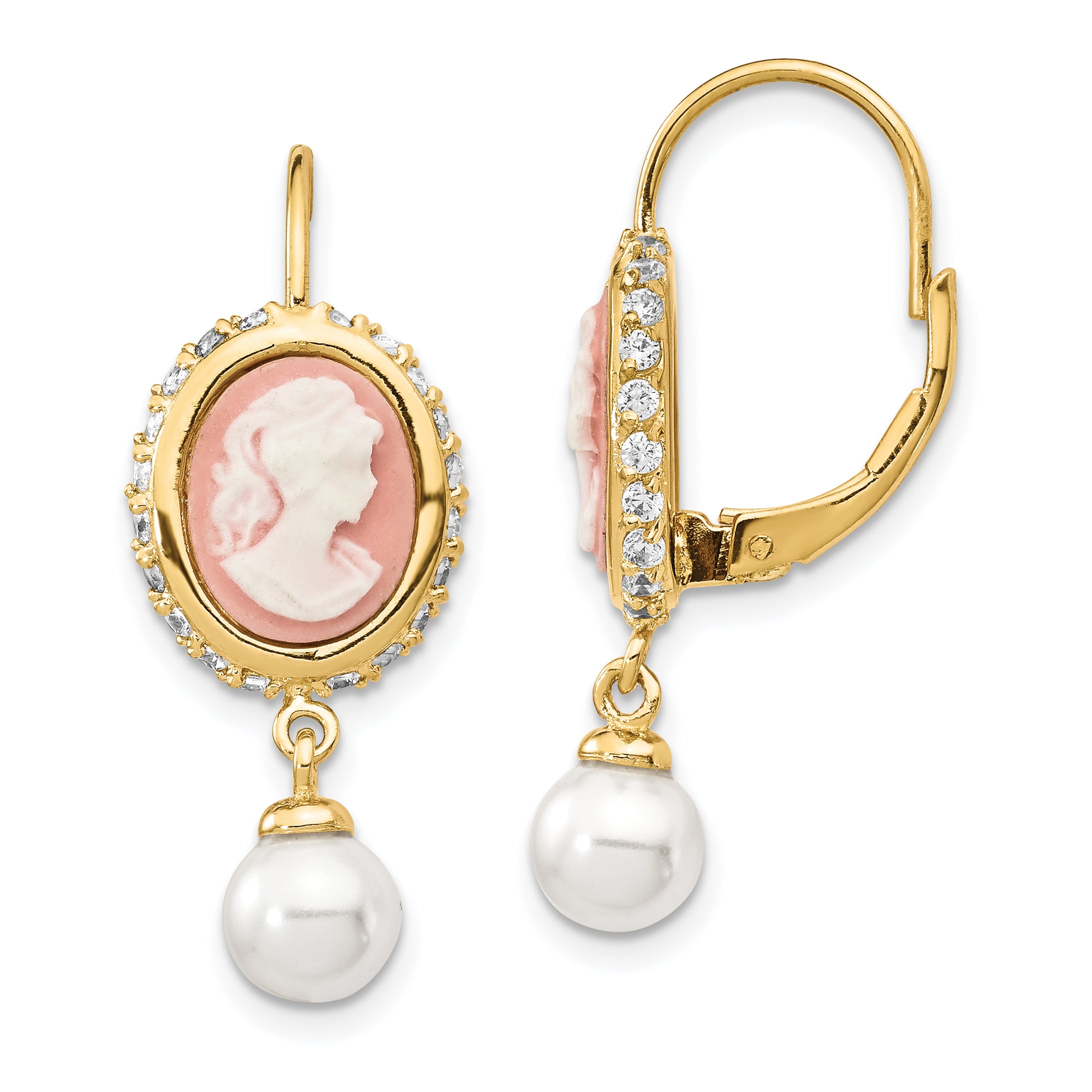 Cheryl M Sterling Silver Gold-plated Glass Pearl Brilliant-cut CZ & Resin Cameo Leverback Dangle Earrings Main image