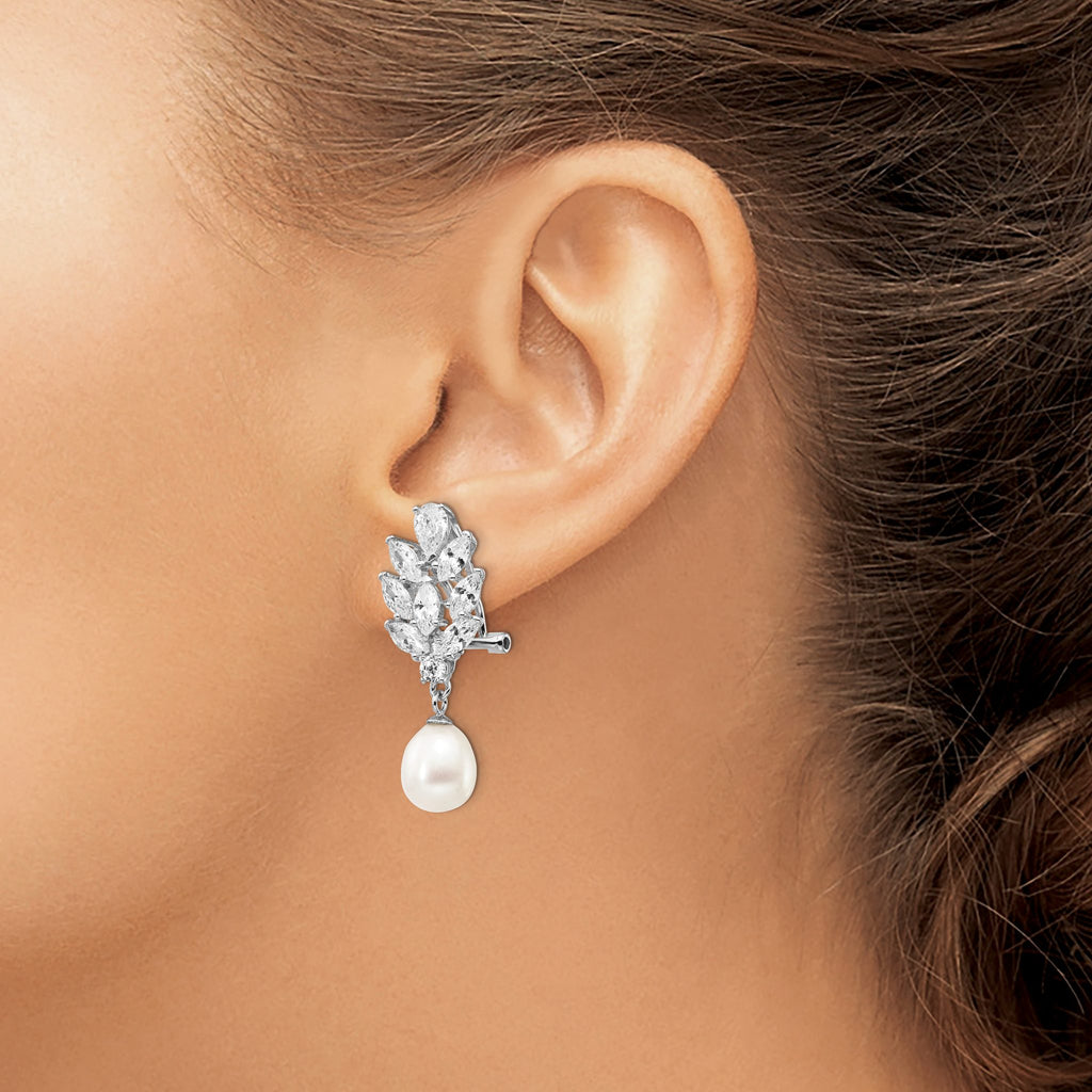 Freshwater Pearl Cubic Zirconia Back Dangle Earrings in Sterling Silver, 3mm - Sophia Jewelers