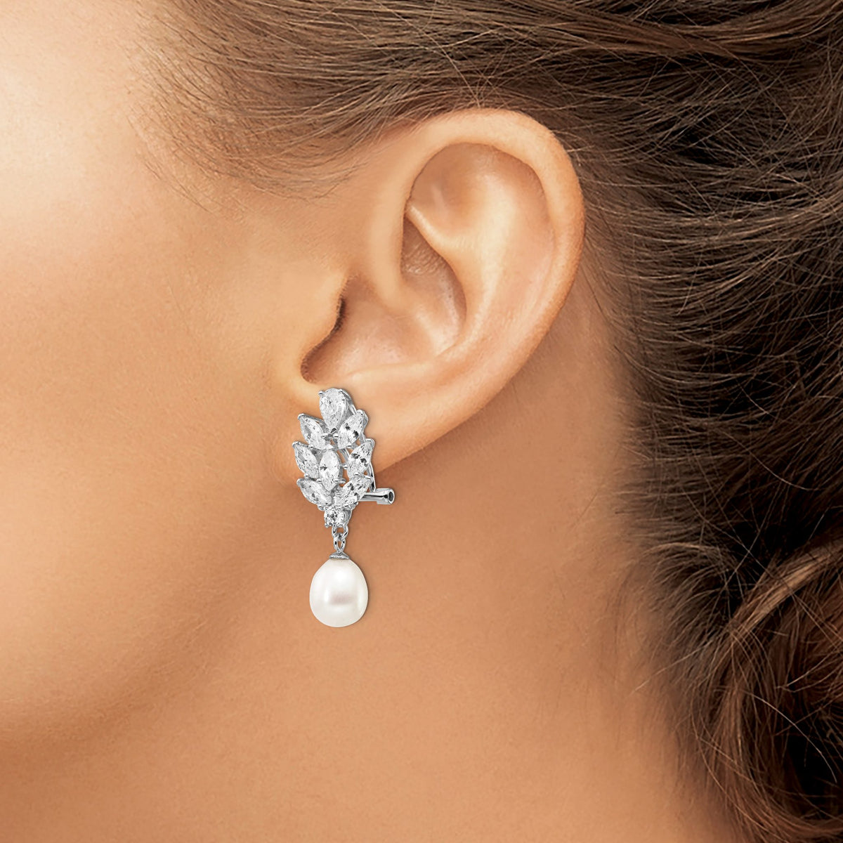 Freshwater Pearl Cubic Zirconia Back Dangle Earrings in Sterling Silver, 3mm - Sophia Jewelers