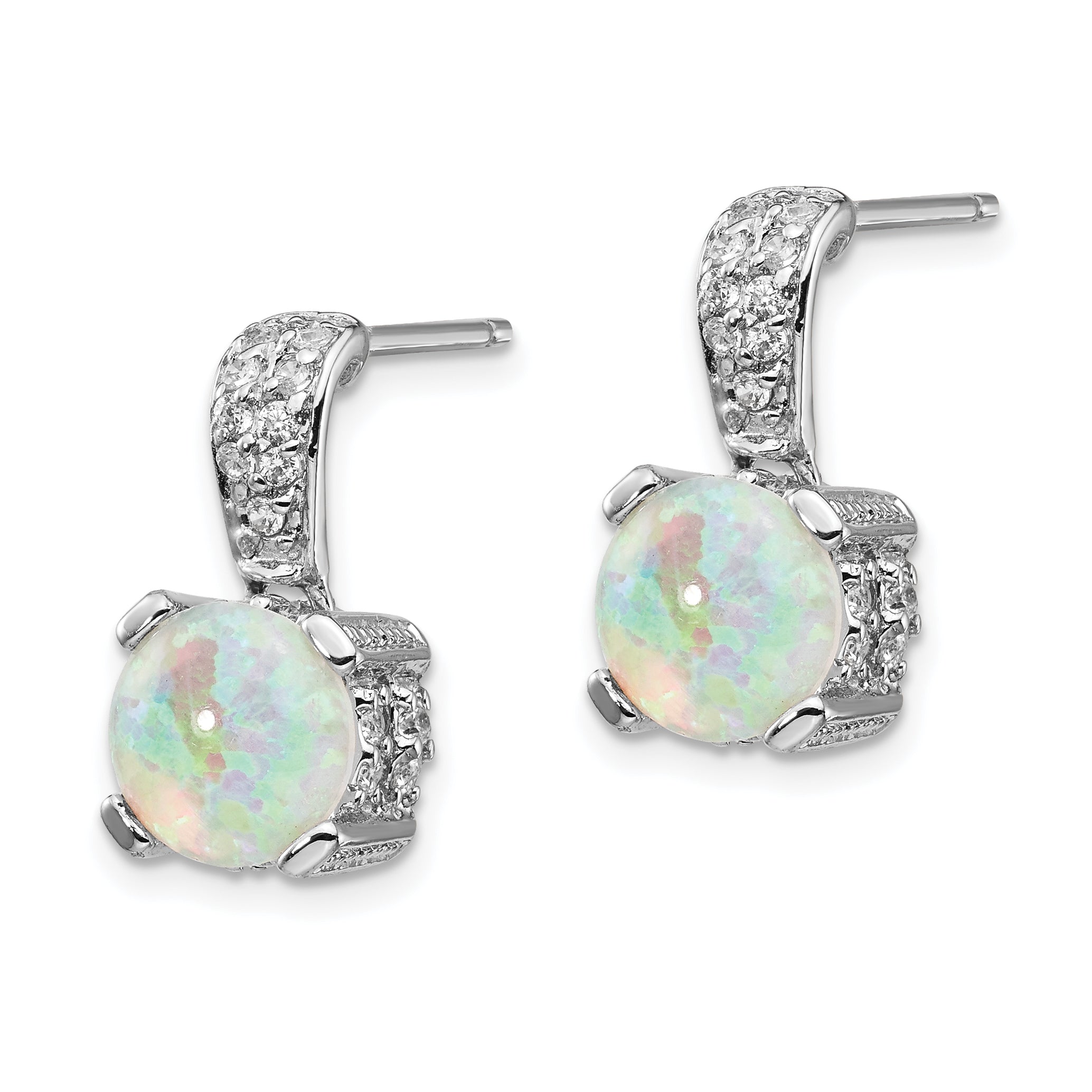 Cheryl M Sterling Silver Rhodium-plated 8mm Cabochon Lab Created Opal and Brilliant-cut CZ Post Dangle Earrings Secondary image
