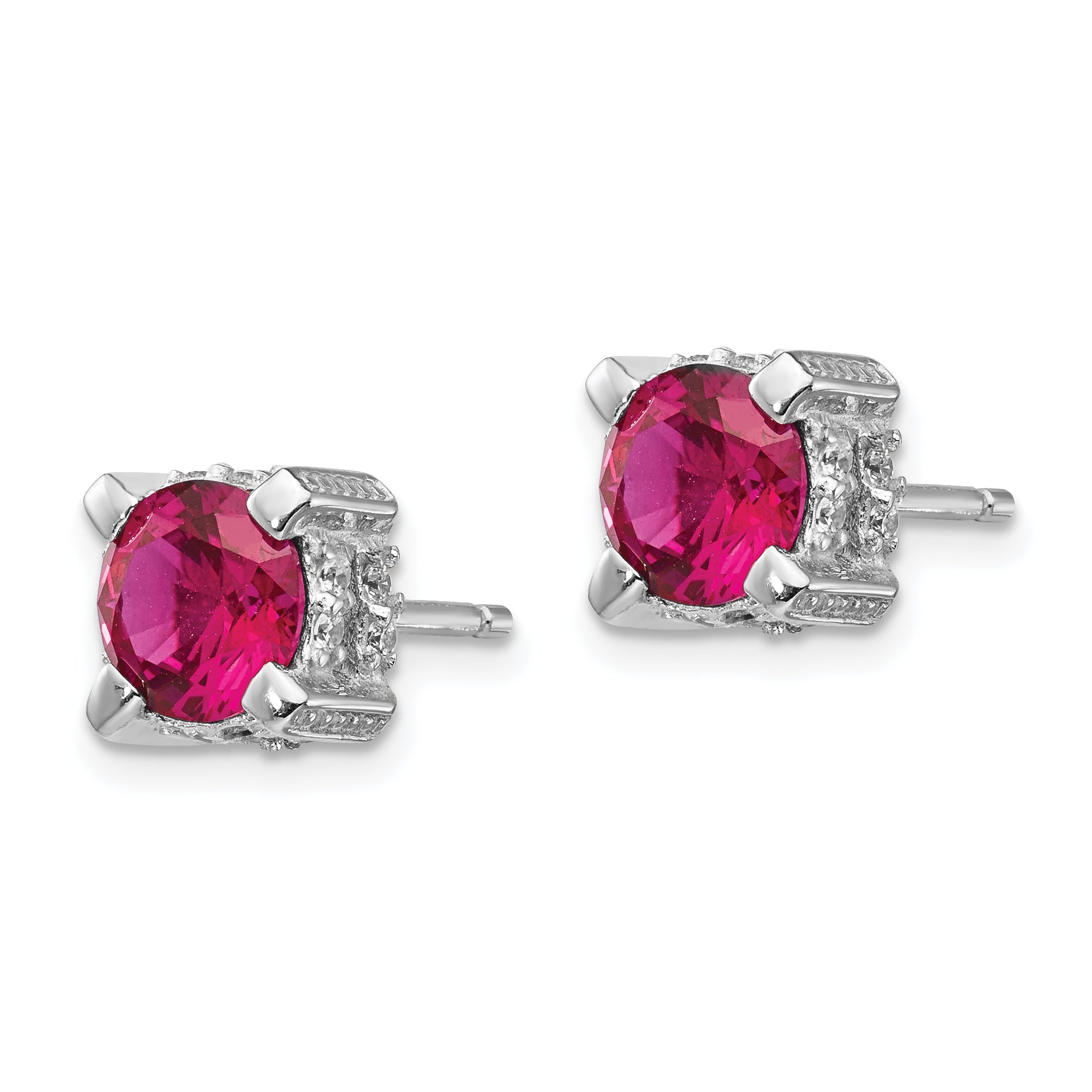 Cheryl M Sterling Silver Rhodium-plated Brilliant-cut 6.5mm Lab Created Ruby and Brilliant-cut White CZ Stud Post Earrings Secondary image