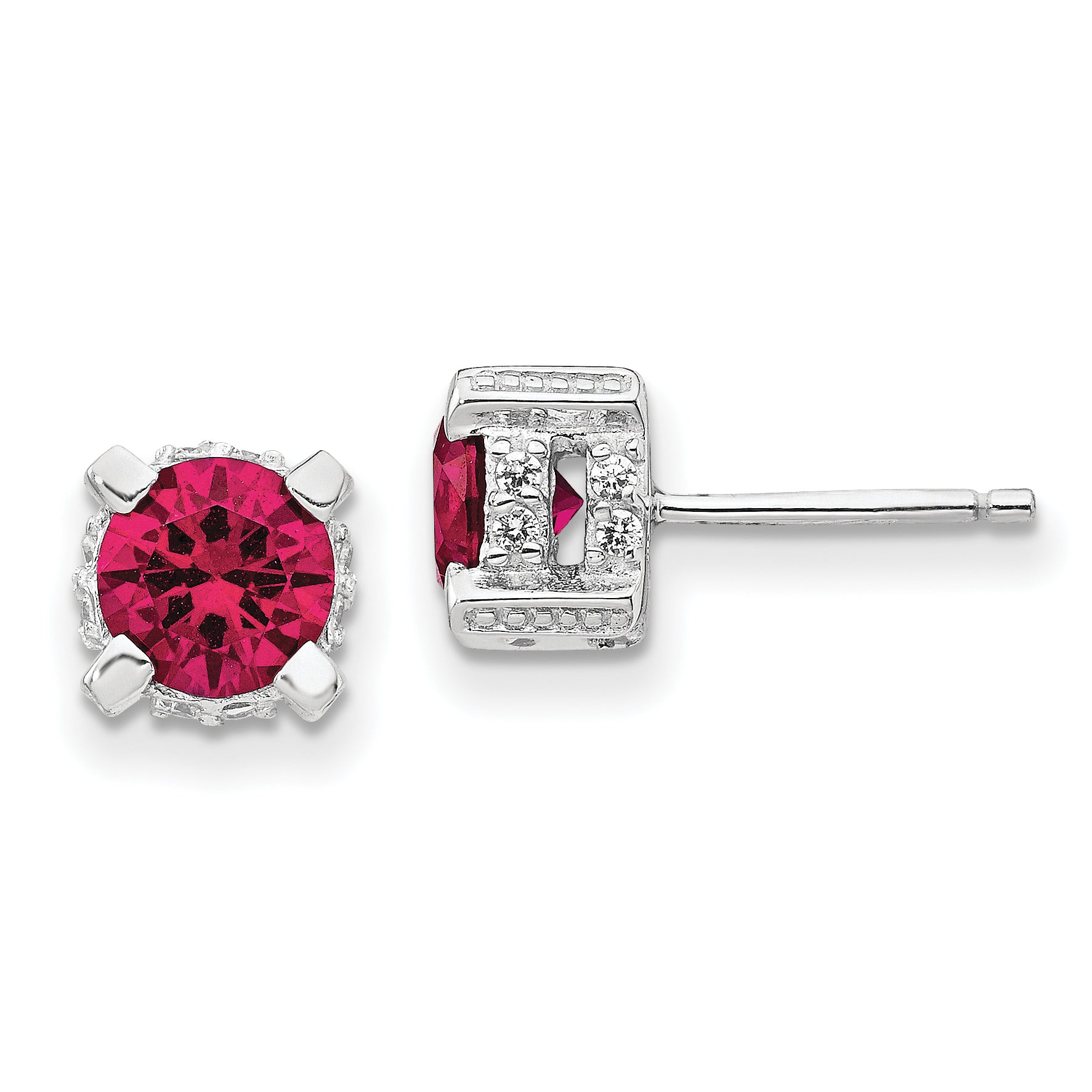 Cheryl M Sterling Silver Rhodium-plated Brilliant-cut 6.5mm Lab Created Ruby and Brilliant-cut White CZ Stud Post Earrings Main image