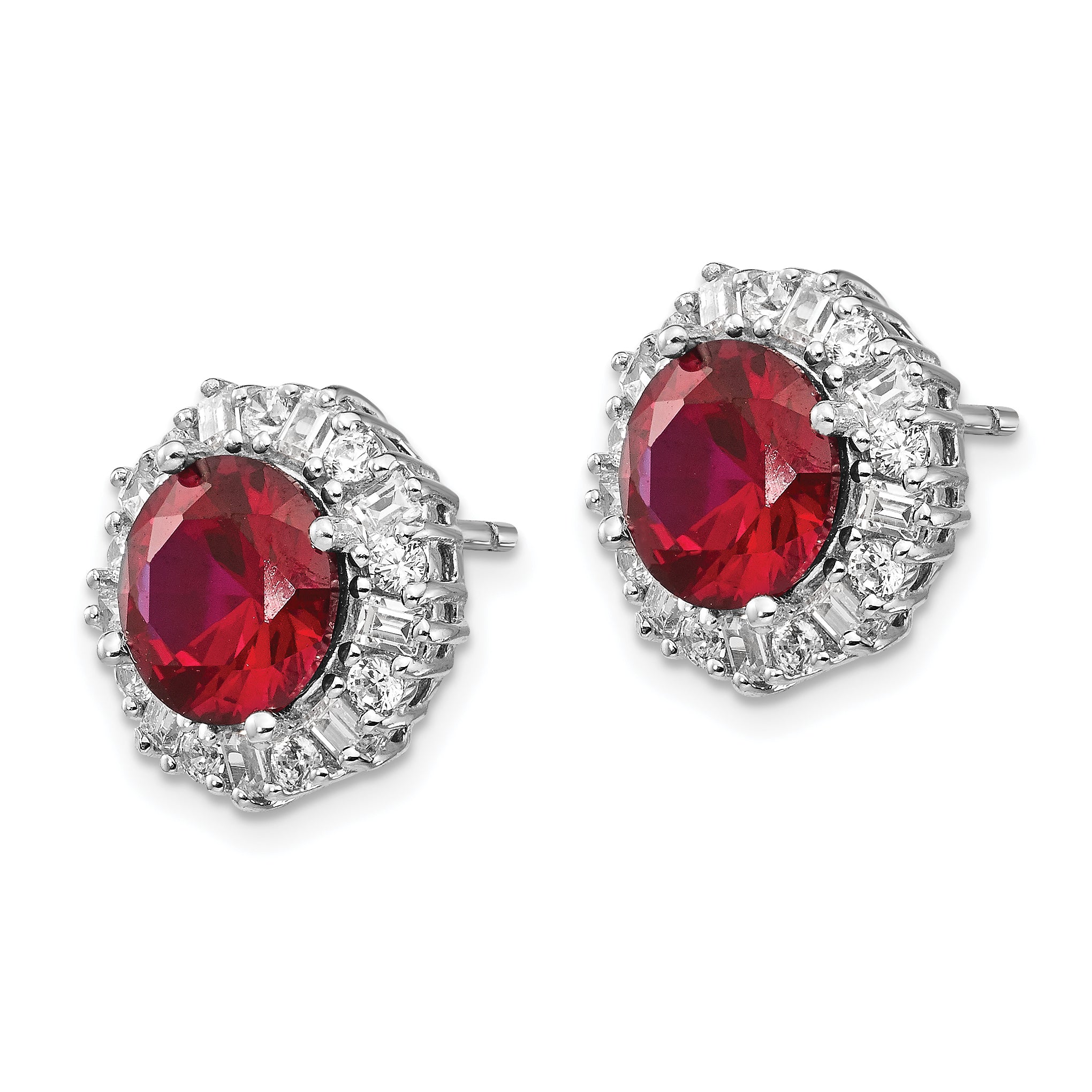 Cheryl M Sterling Silver Rhodium-plated Brilliant-cut Lab Created Ruby and Brilliant-cut/Baguette-cut White CZ Post Earrings Secondary image