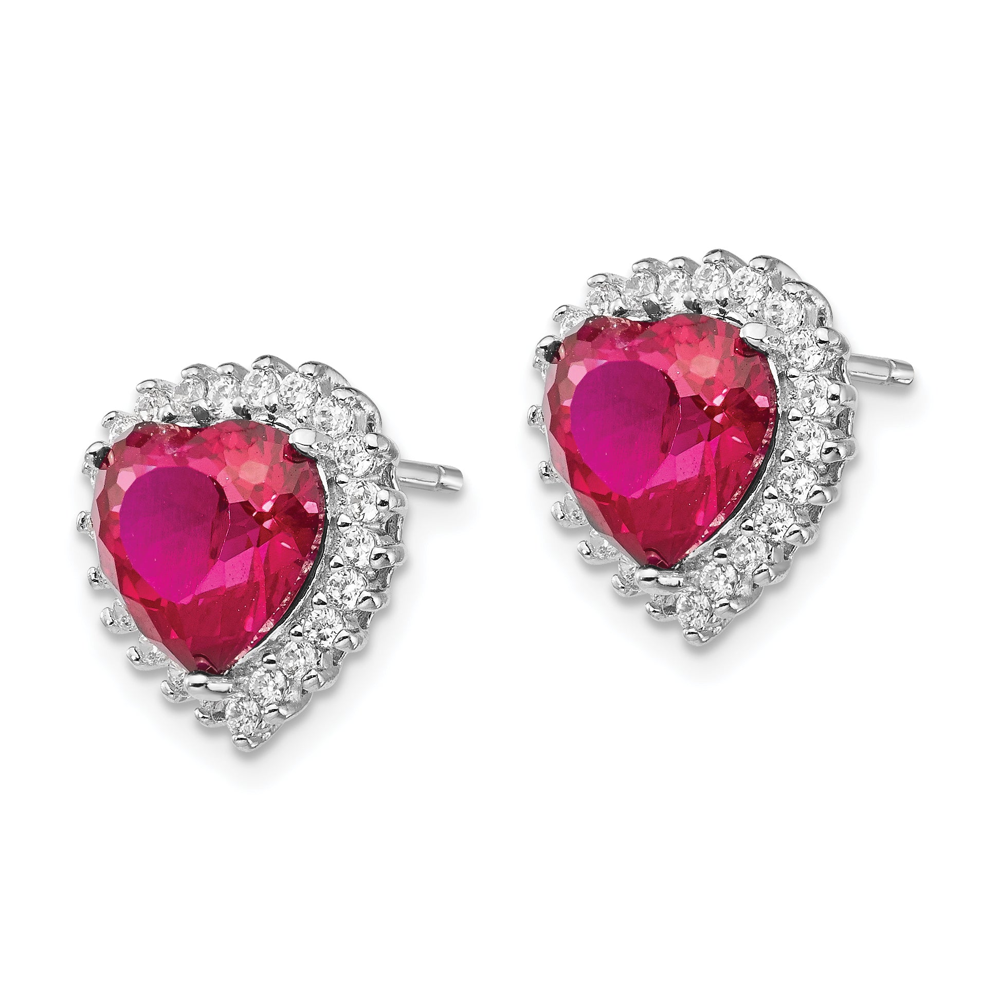 Cheryl M Sterling Silver Rhodium-plated 100 Facet Lab Created Ruby and Brilliant-cut White CZ Heart Halo Post Earrings Secondary image
