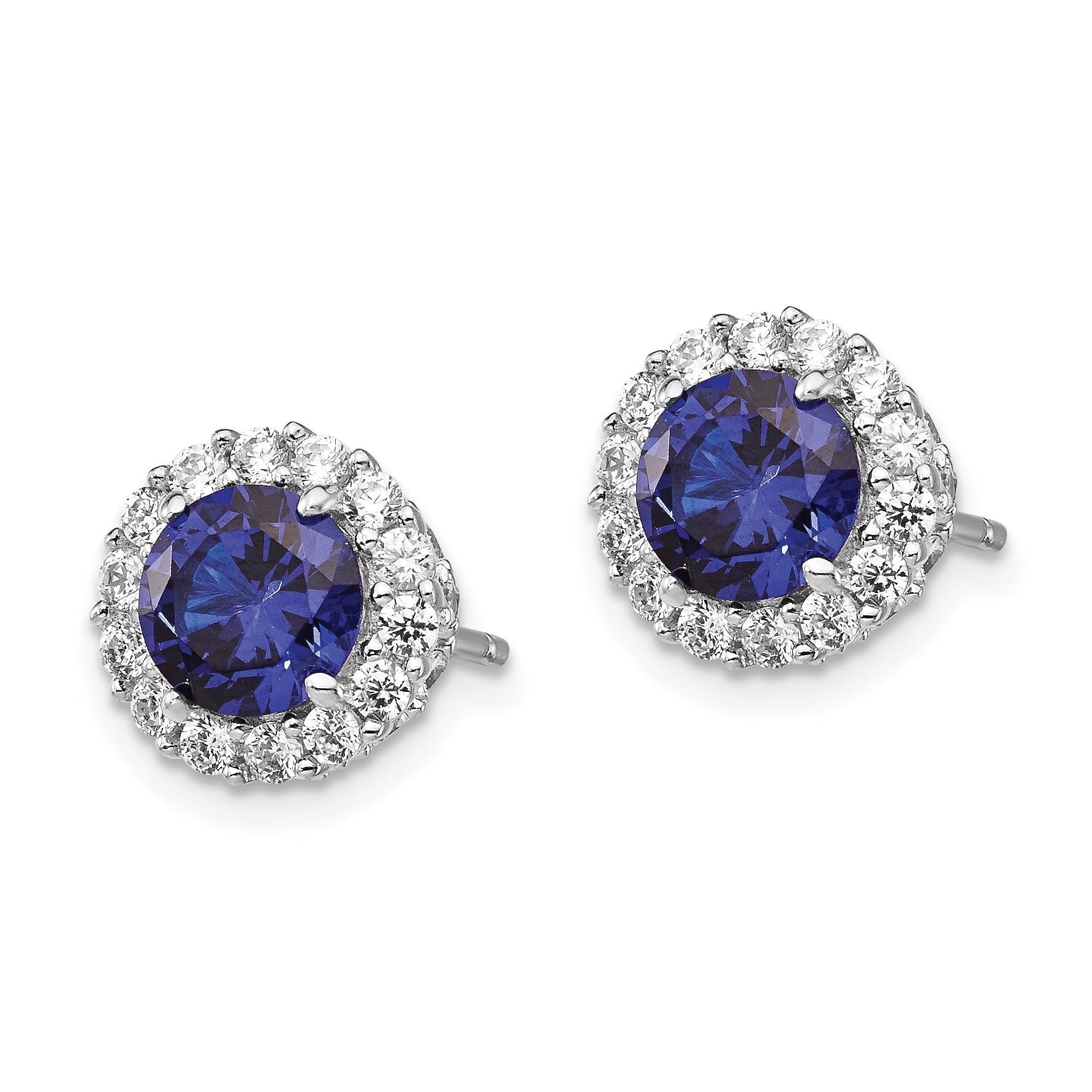 Cheryl M Sterling Silver Rhodium-plated Brilliant-cut Lab Created Dark Blue Spinel and Brilliant-cut White CZ Round Halo Post Earrings Secondary image