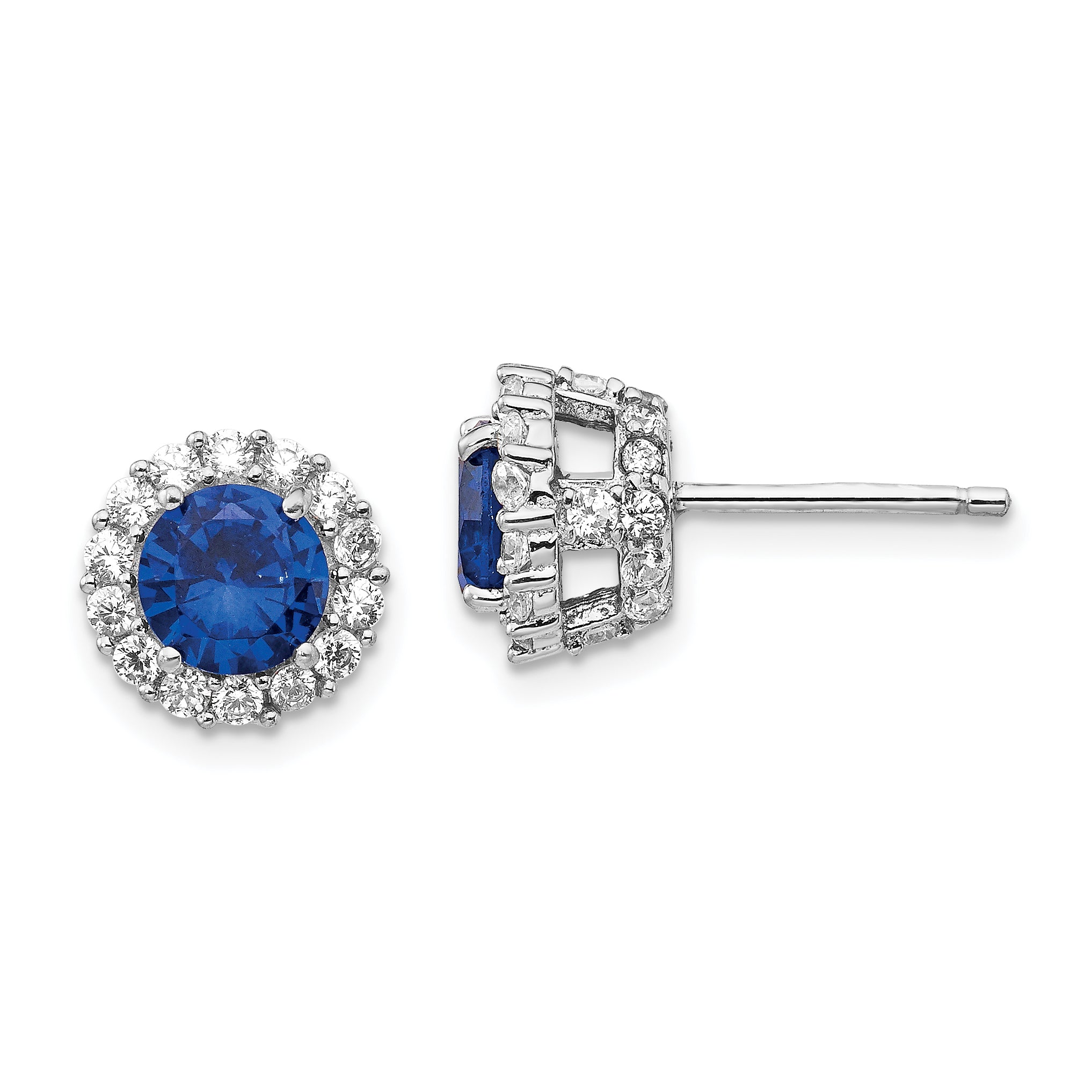 Cheryl M Sterling Silver Rhodium-plated Brilliant-cut Lab Created Dark Blue Spinel and Brilliant-cut White CZ Round Halo Post Earrings Main image