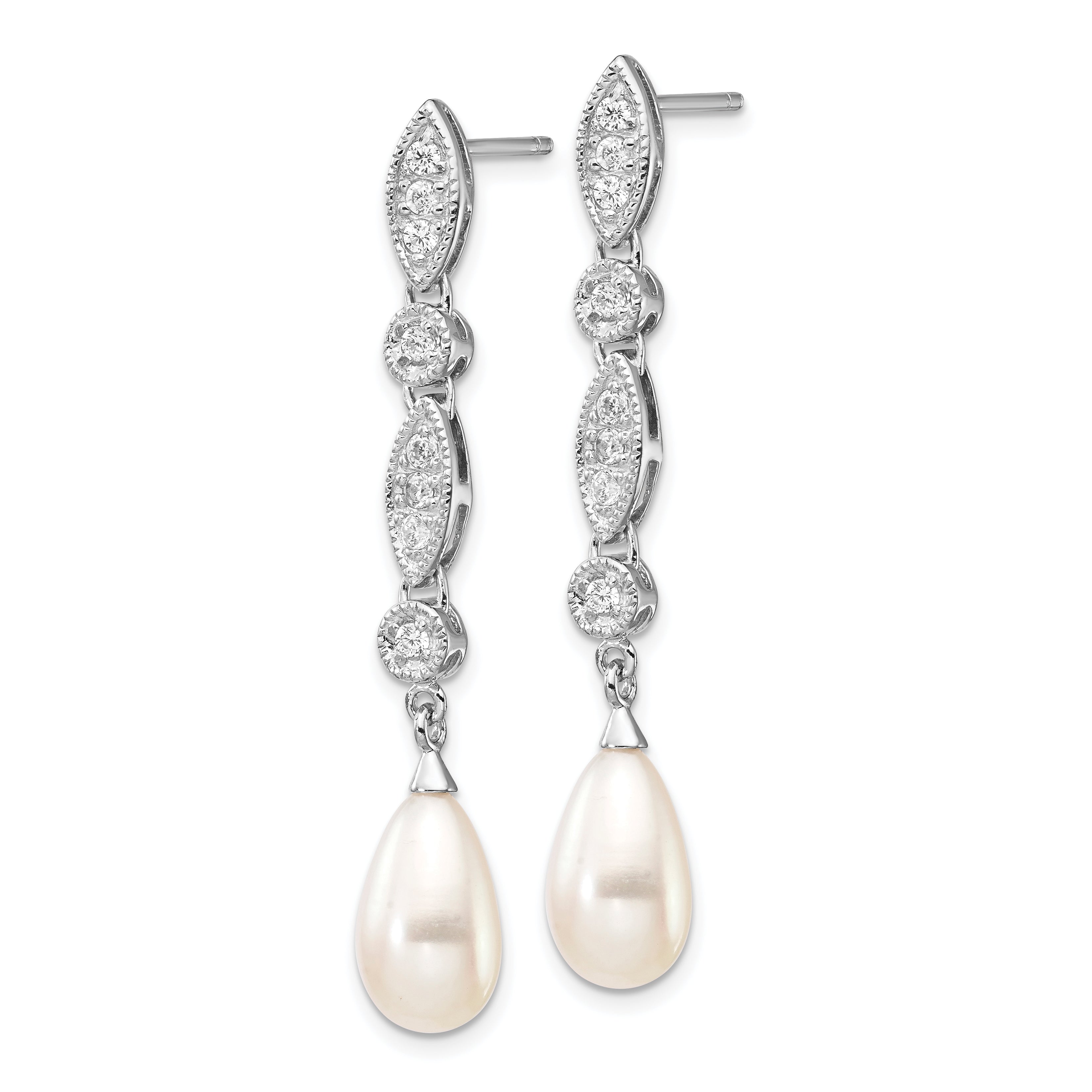Cheryl M Sterling Silver Rhodium-plated Teardrop Freshwater Cultured Pearl and Brilliant-cut CZ Post Dangle Earrings