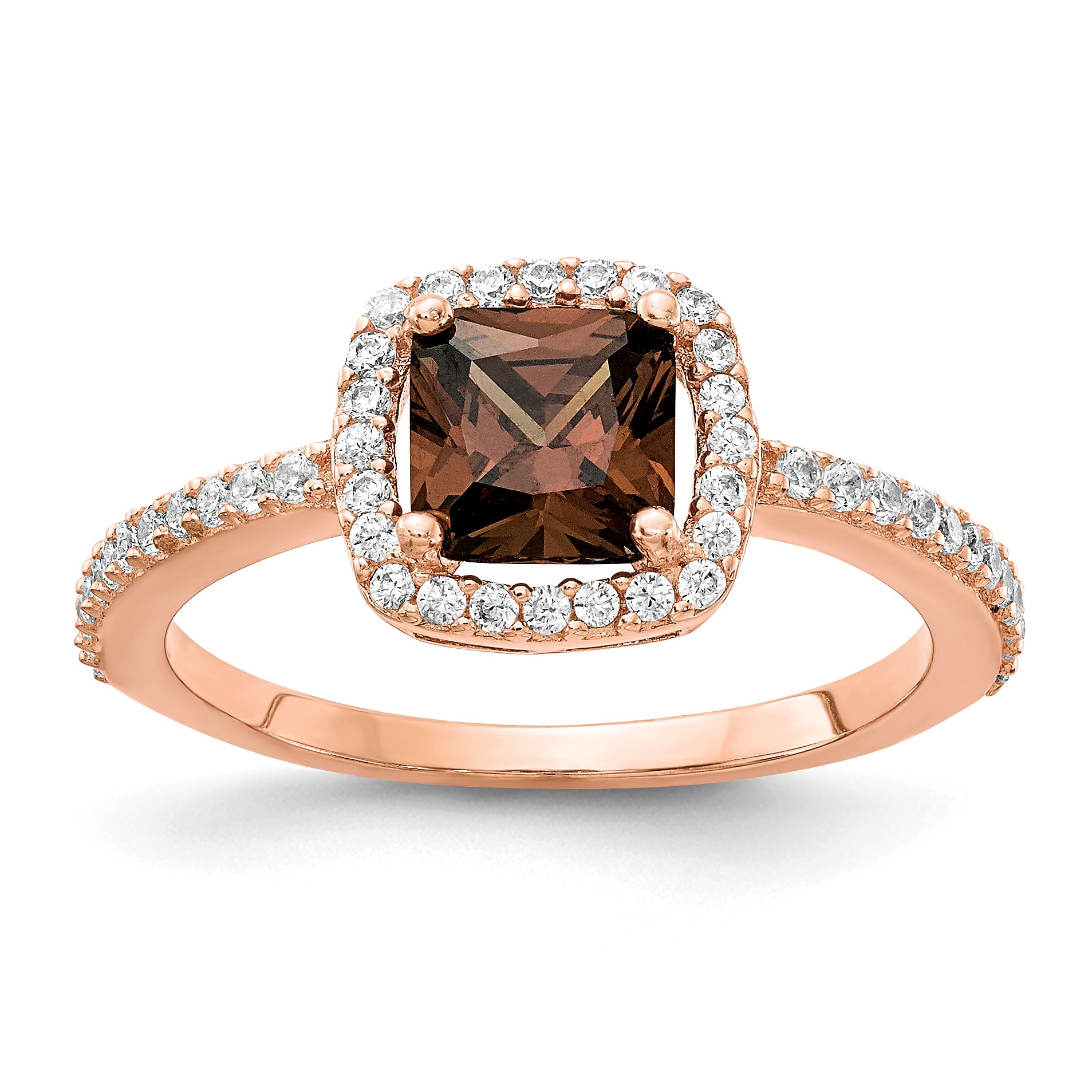 Cheryl M Sterling Silver Rose Gold-plated Cocoa Cushion-cut and White Brilliant-cut CZ Halo Ring Main image