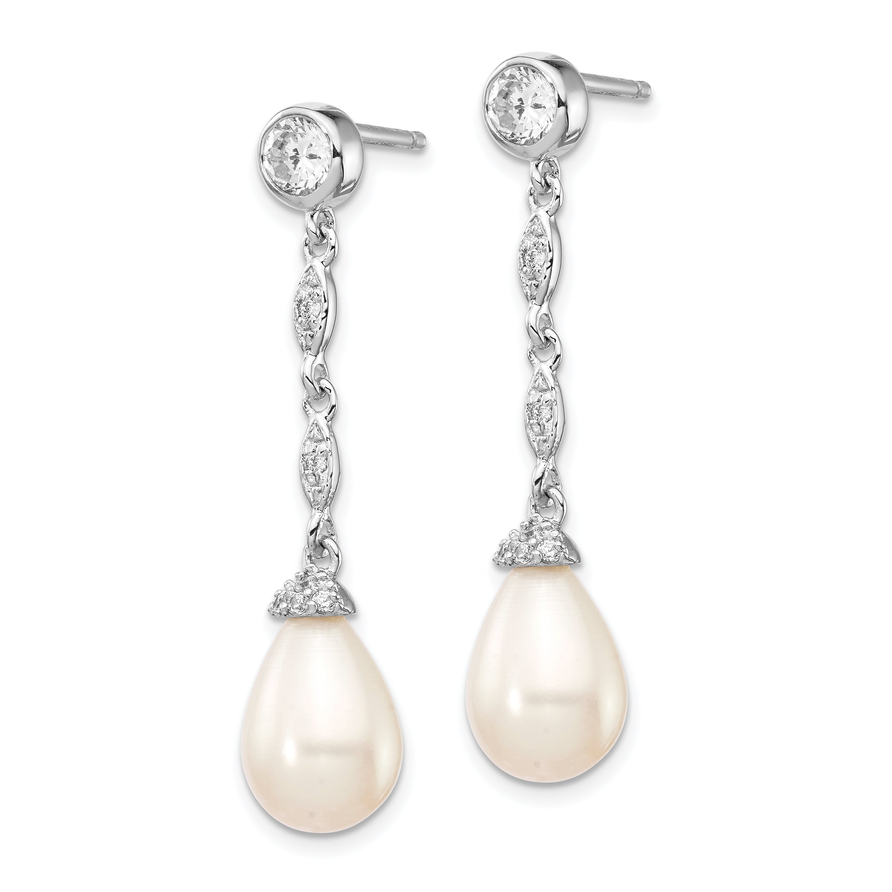 Cheryl M Sterling Silver Rhodium-plated Teardrop Freshwater Cultured Pearl and Brilliant-cut CZ Post Dangle Earrings Secondary image