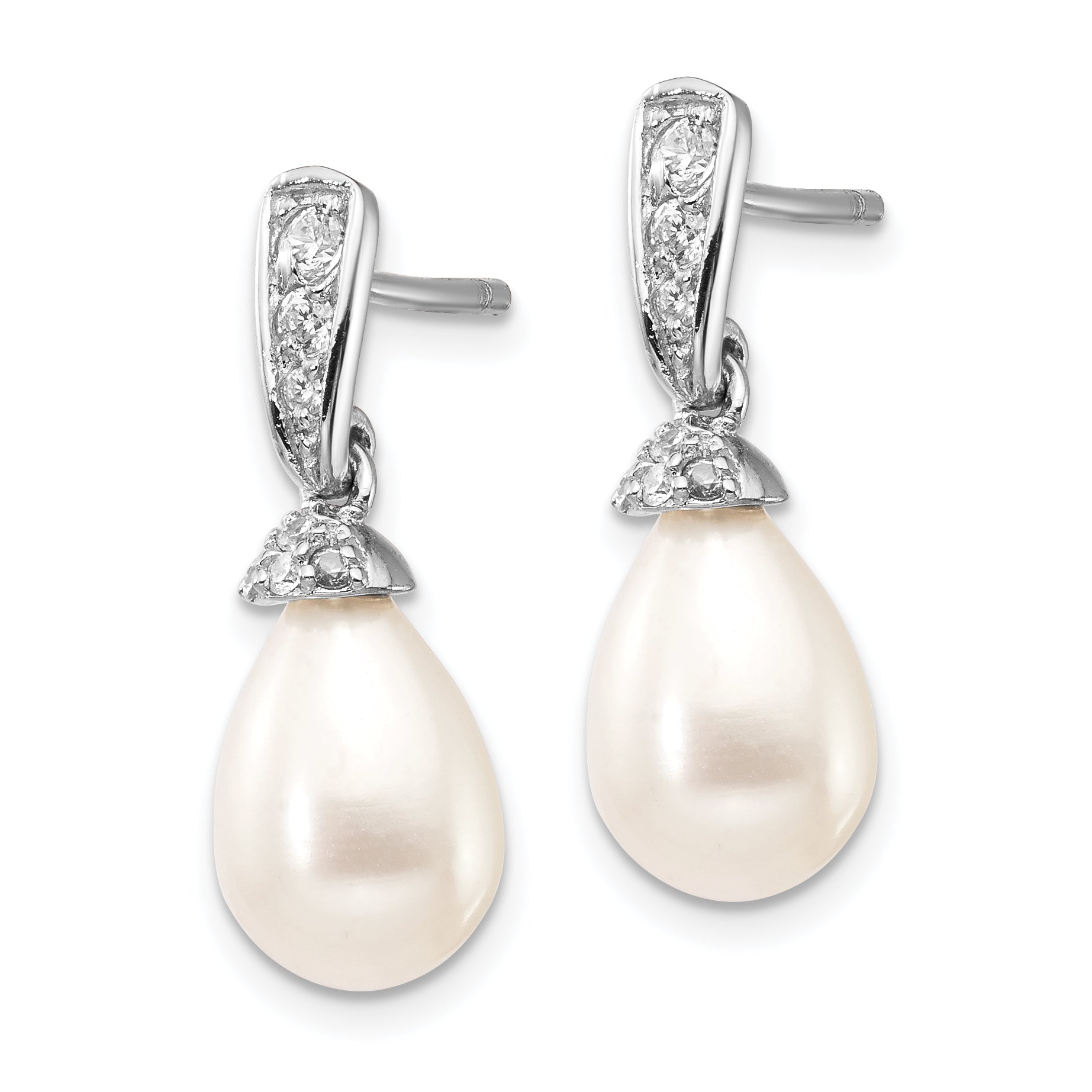 Cheryl M Sterling Silver Rhodium-plated Teardrop White Freshwater Cultured Pearl and Brilliant-cut CZ Post Dangle Earrings Secondary image