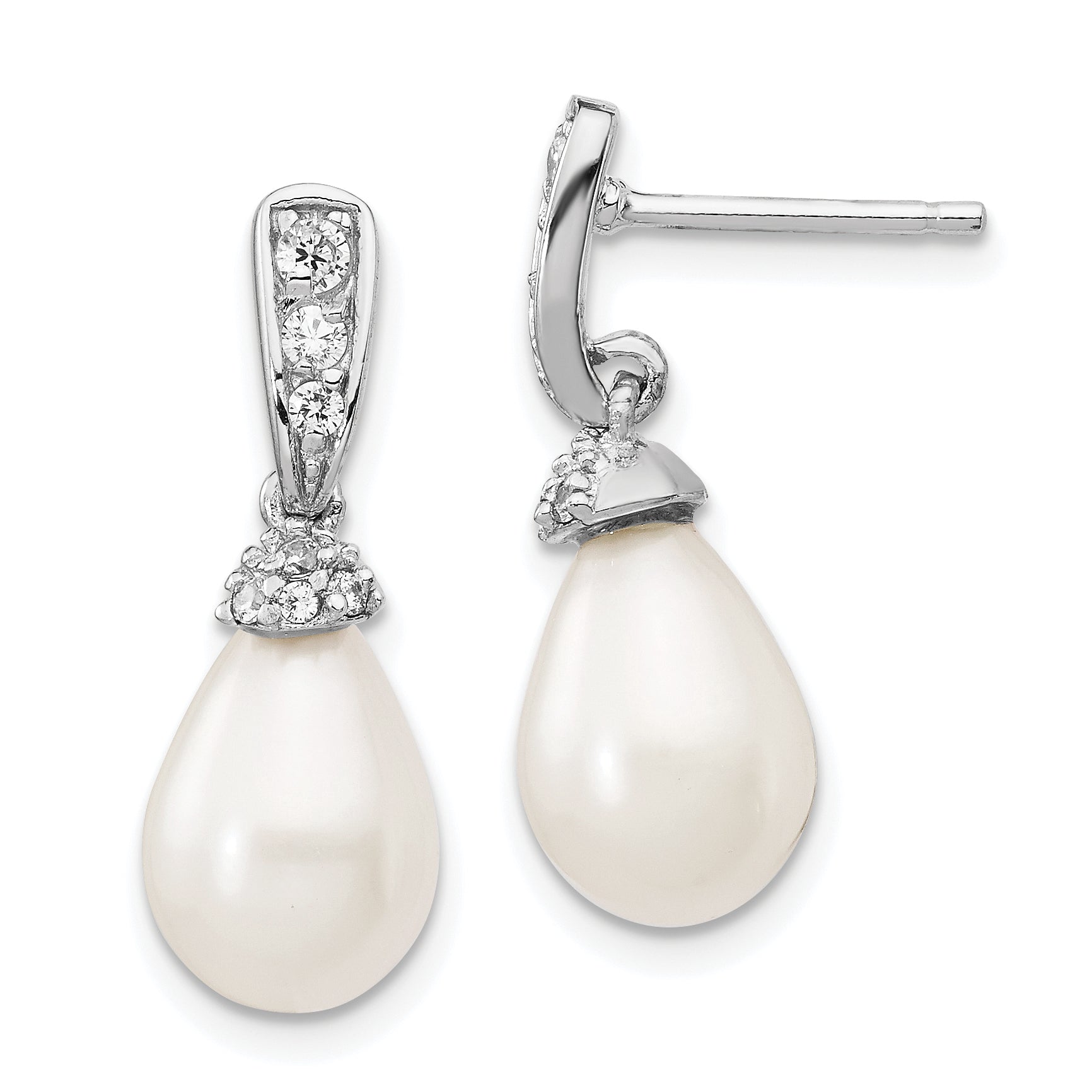 Cheryl M Sterling Silver Rhodium-plated Teardrop White Freshwater Cultured Pearl and Brilliant-cut CZ Post Dangle Earrings Main image