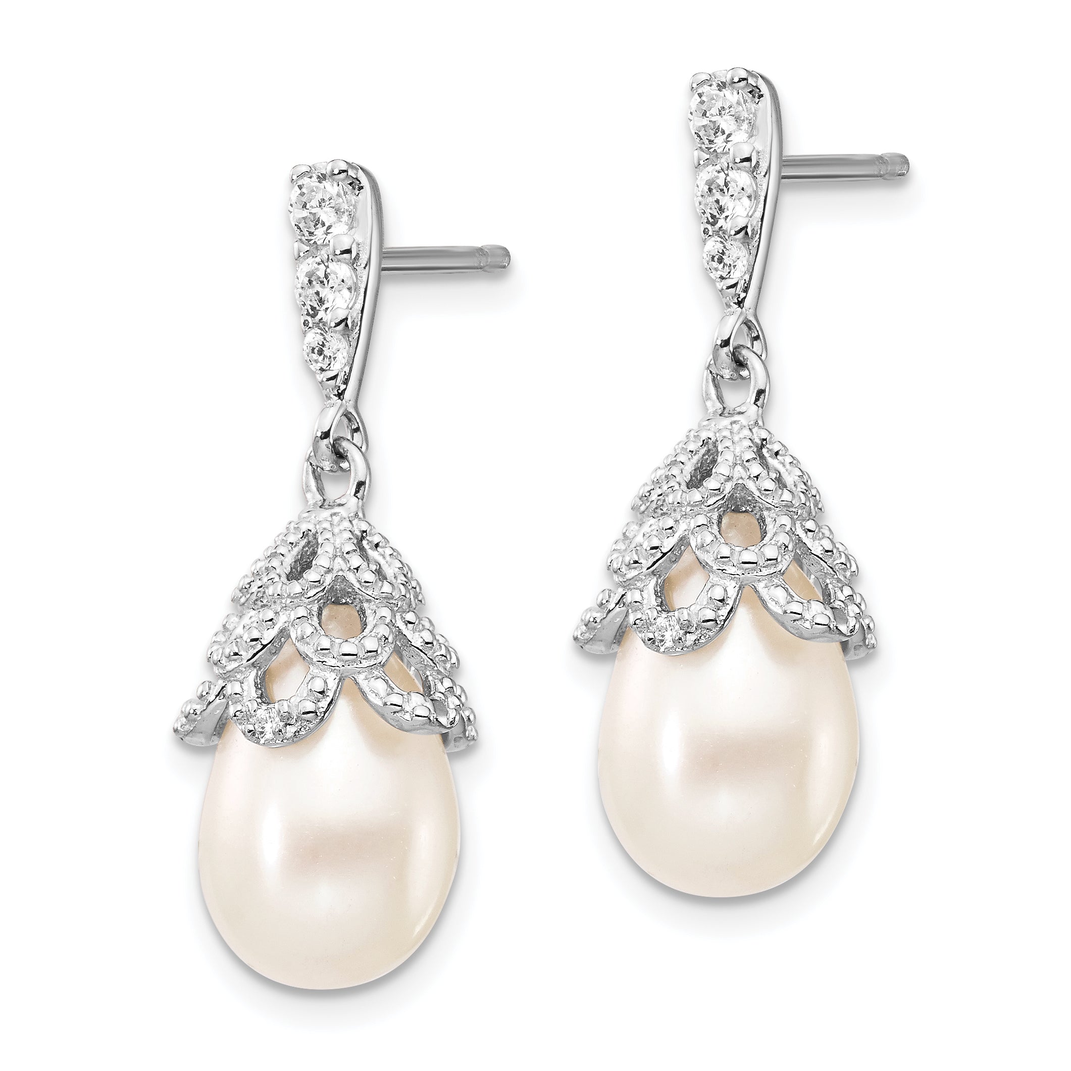 Cheryl M Sterling Silver Rhodium-plated Teardrop White Freshwater Cultured Pearl and Brilliant-cut CZ Post Dangle Earrings Secondary image