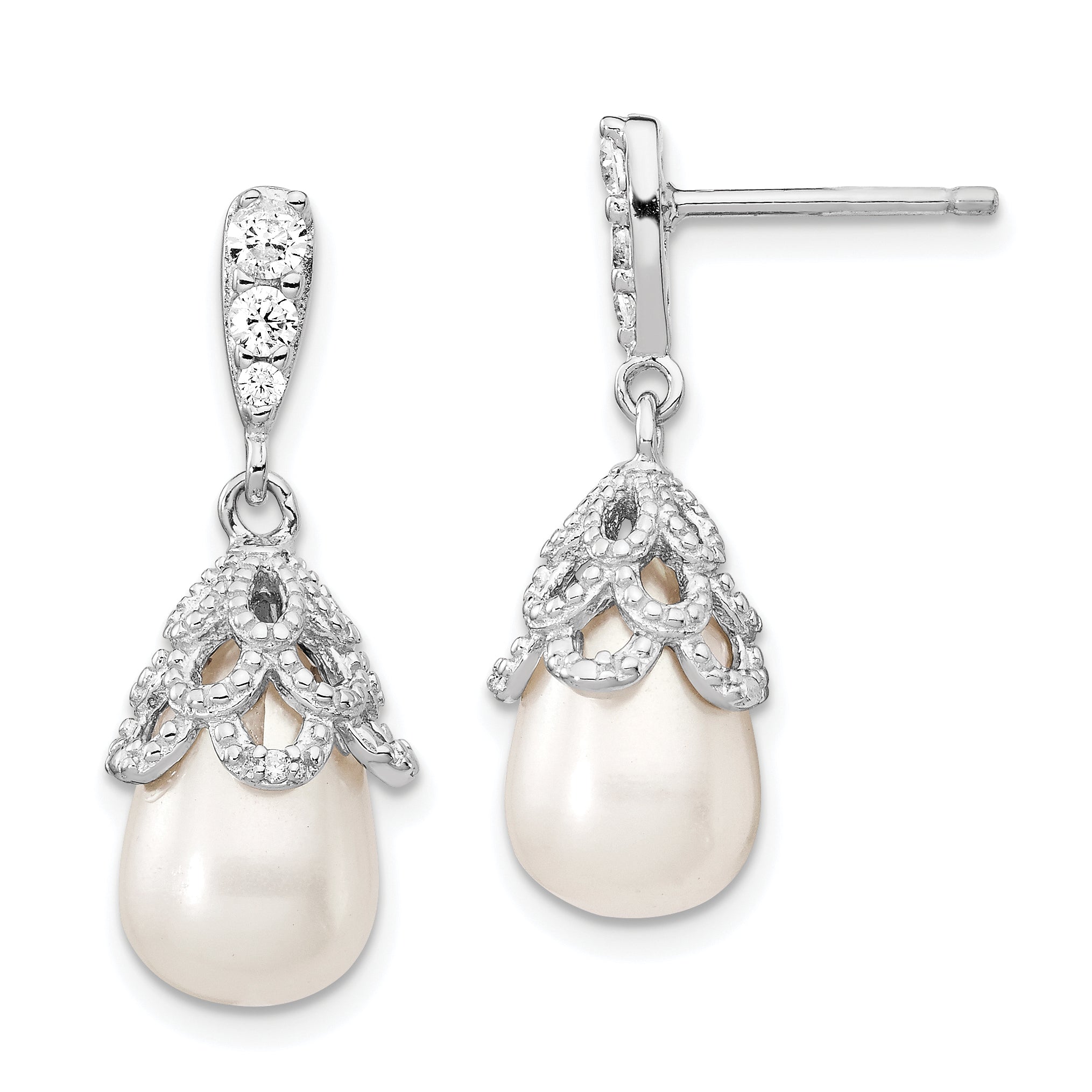 Cheryl M Sterling Silver Rhodium-plated Teardrop White Freshwater Cultured Pearl and Brilliant-cut CZ Post Dangle Earrings Main image