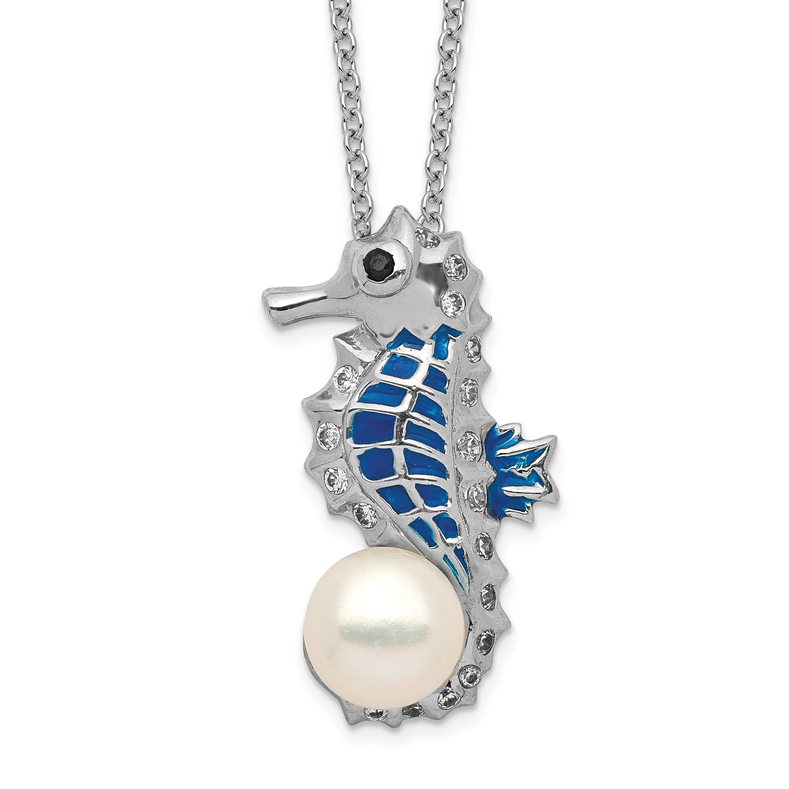 Cheryl M Sterling Silver Rhodium-plated Enameled Freshwater Cultured Pearl and Brilliant-cut CZ Seahorse 18 Inch Necklace Main image