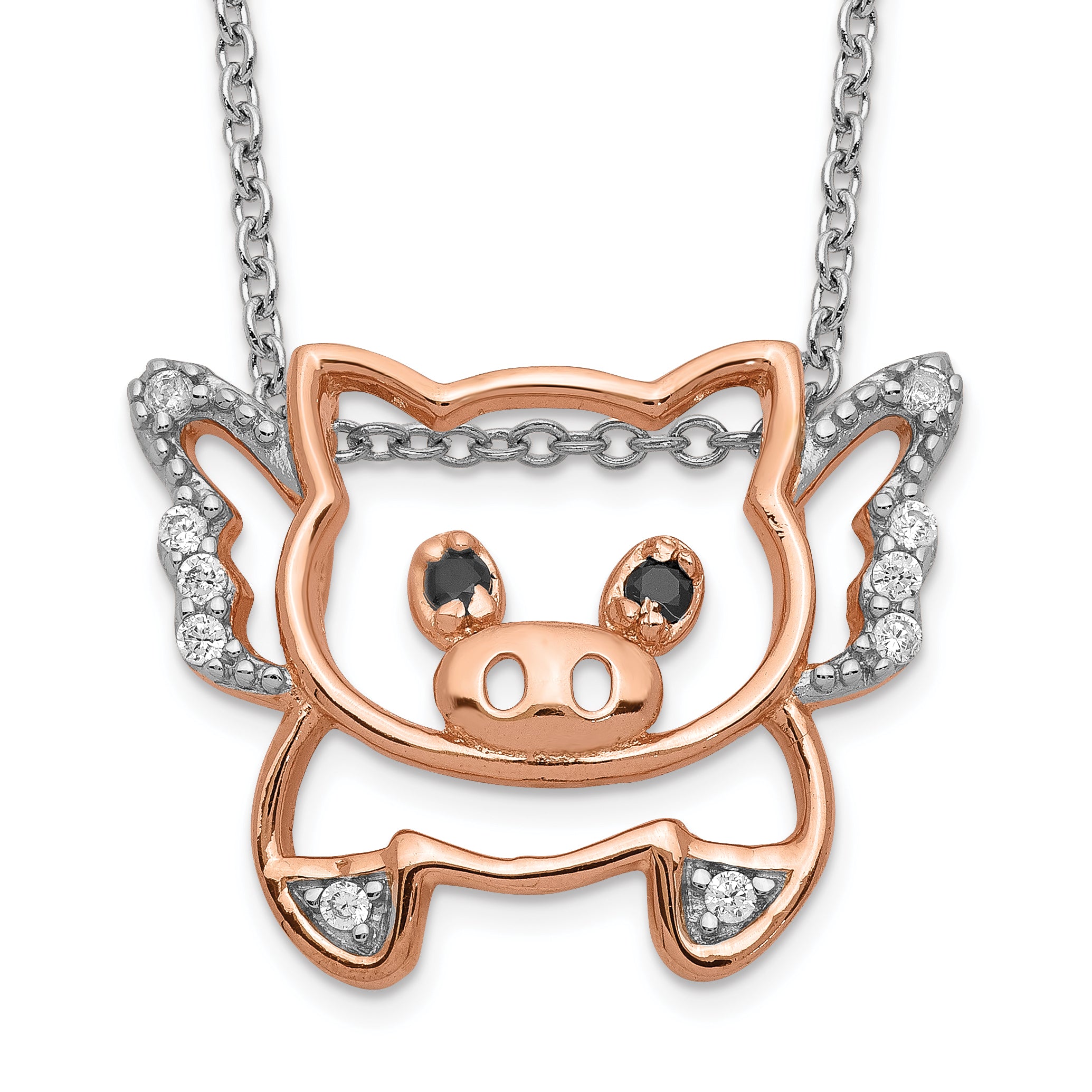 Cheryl M Sterling Silver Rose Gold-plated Brilliant-cut Black Glass and Brilliant-cut White CZ Flying Pig 18 Inch Necklace Main image