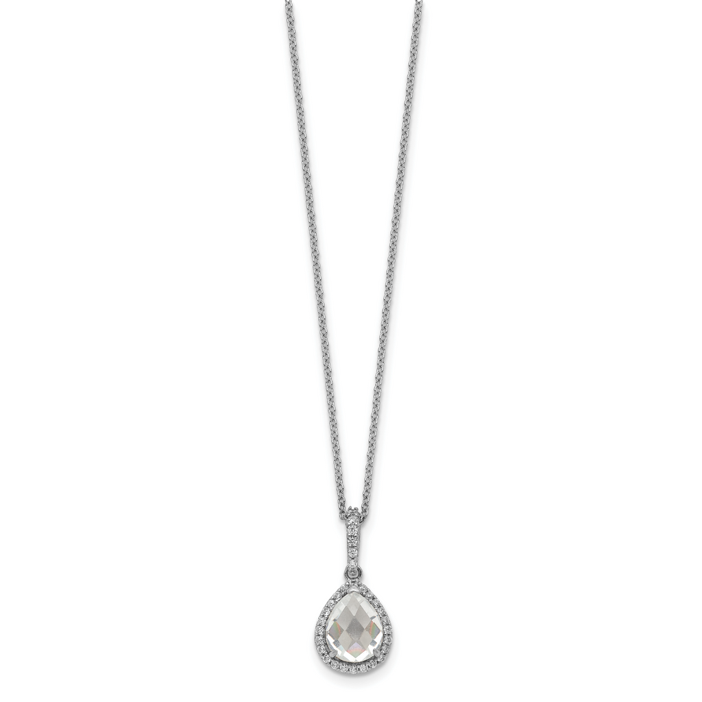 Cheryl M Sterling Silver Rhodium-plated Checkerboard-cut and Brilliant-cut CZ Halo Teardrop 18 Inch Necklace