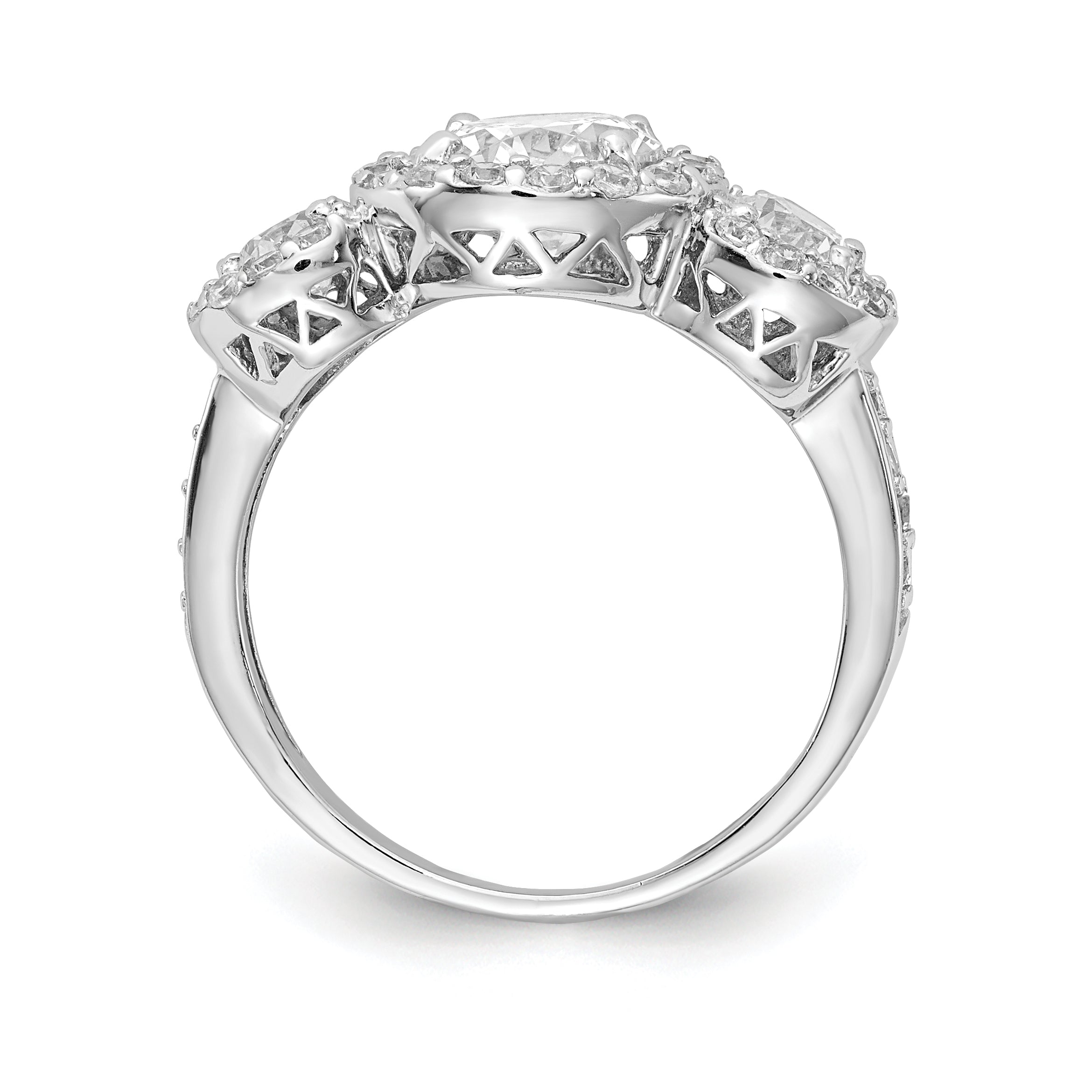 Cheryl M Sterling Silver Rhodium-plated Brilliant-cut CZ Three Stone Halo Ring Secondary image