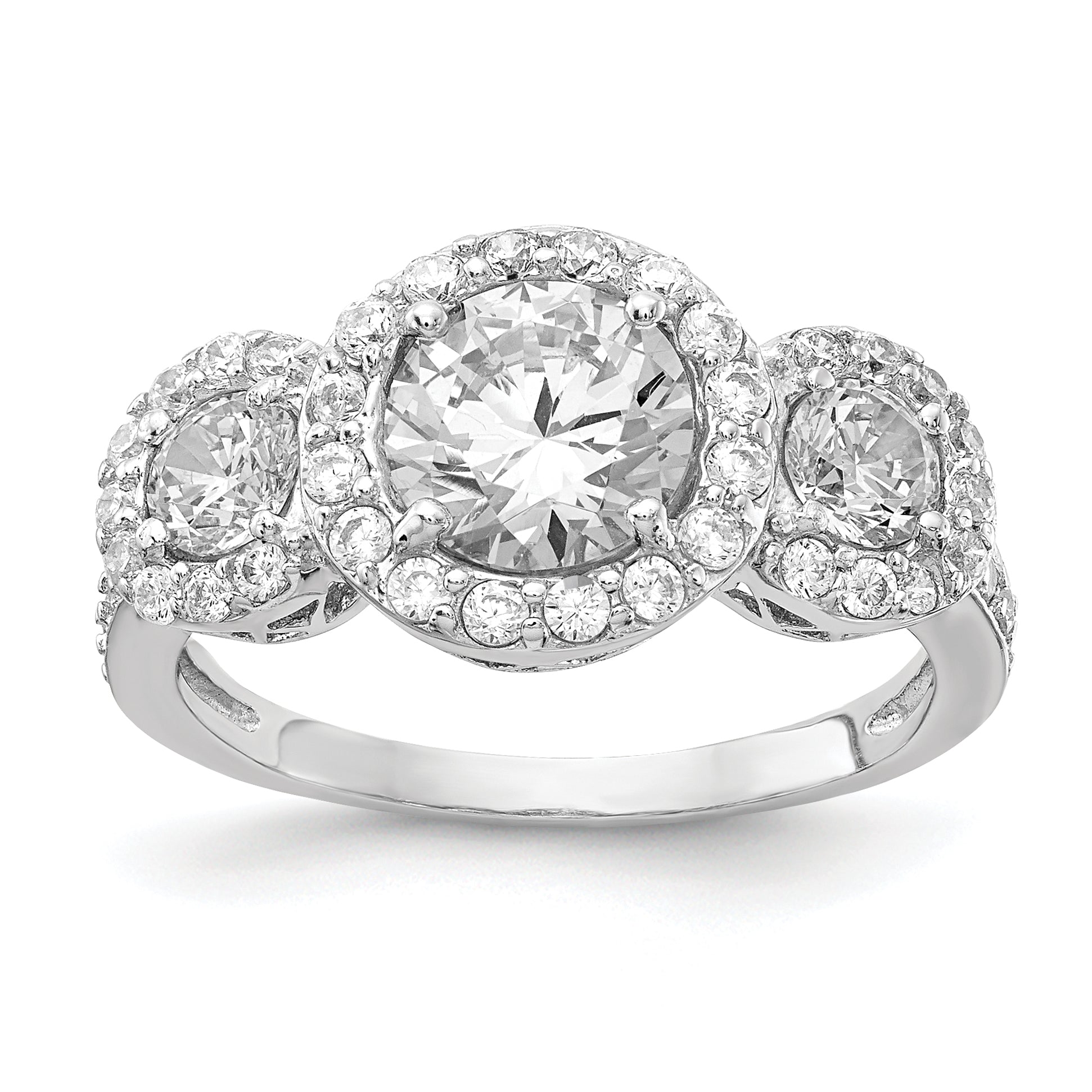 Cheryl M Sterling Silver Rhodium-plated Brilliant-cut CZ Three Stone Halo Ring Main image