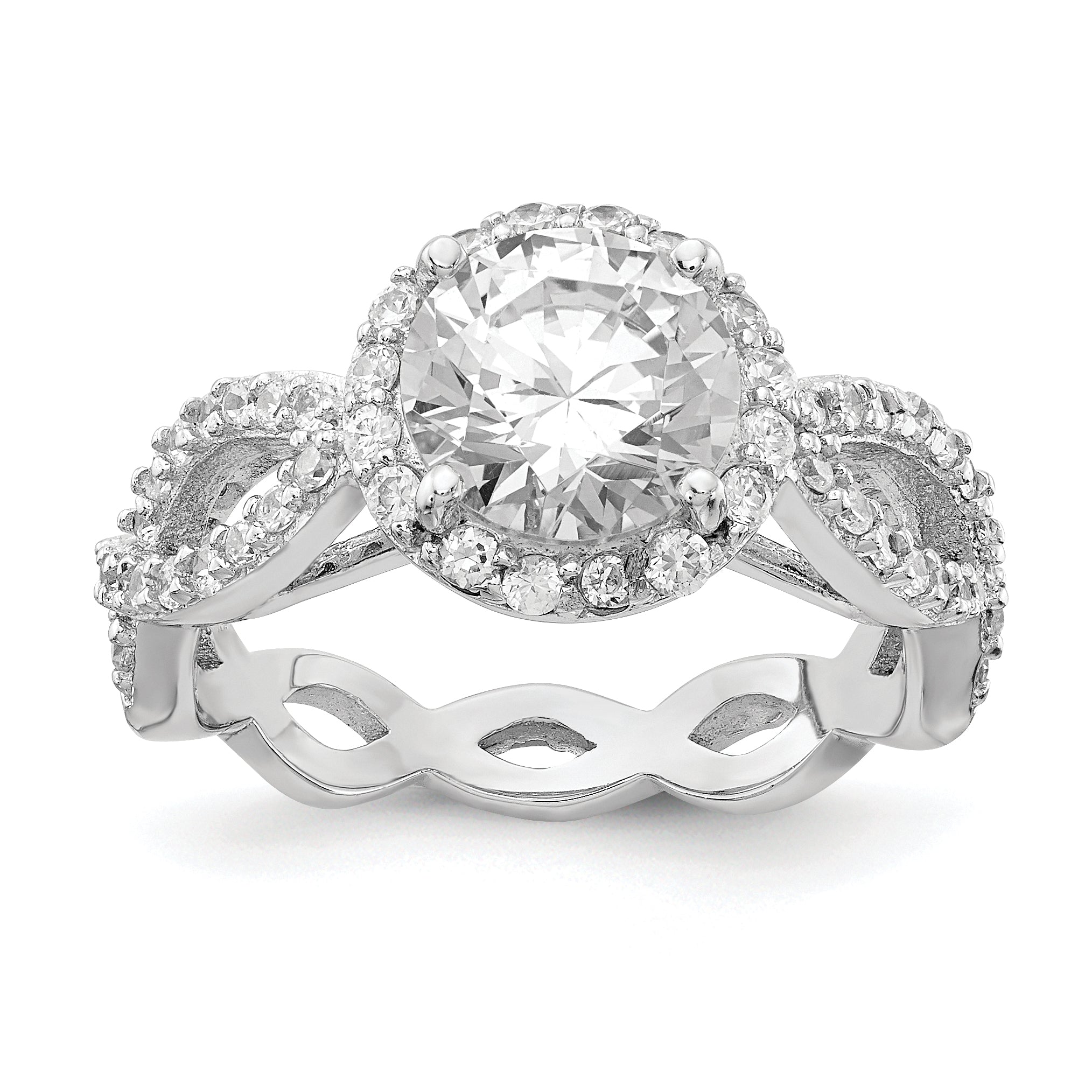 Cheryl M Sterling Silver Rhodium-plated Brilliant-cut Round CZ Halo Center and Twisted Design Ring Main image