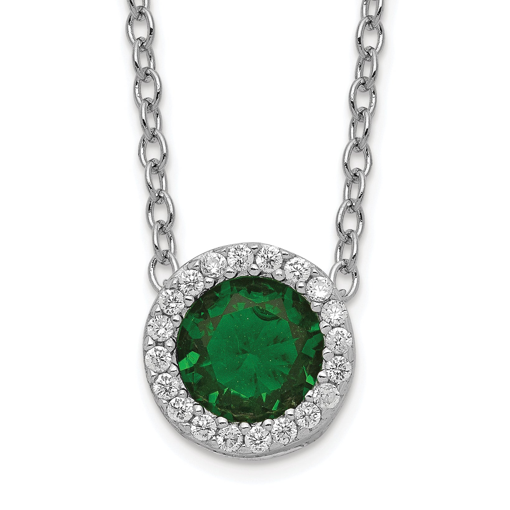 Cheryl M Sterling Silver Rhodium-plated Brilliant-cut Green Glass and Brilliant-cut White CZ Halo 18 Inch Necklace Main image