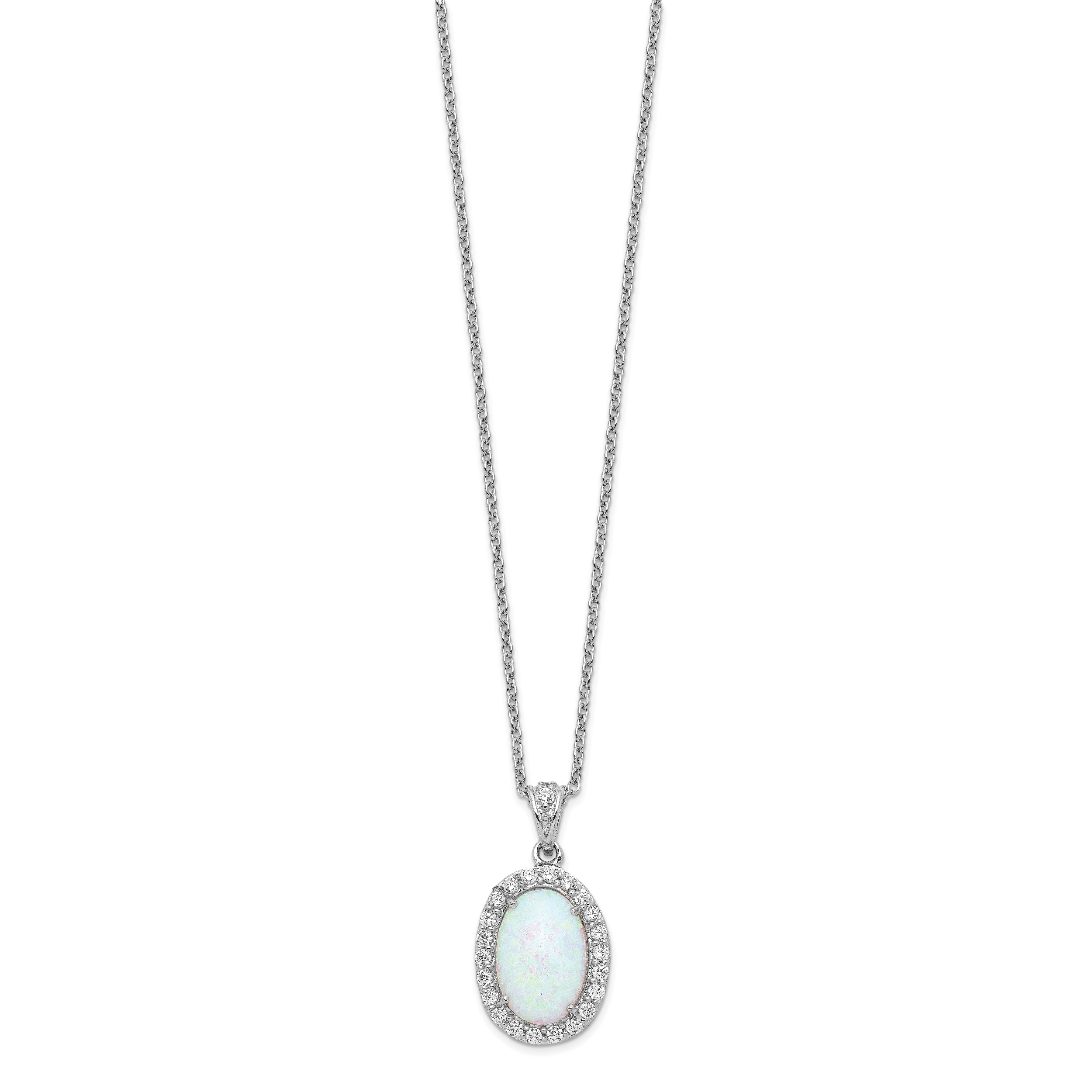 Cheryl M Sterling Silver Rhodium-plated Cabochon Lab Created Opal and Brilliant-cut CZ Oval Halo 18 Inch Necklace Secondary image