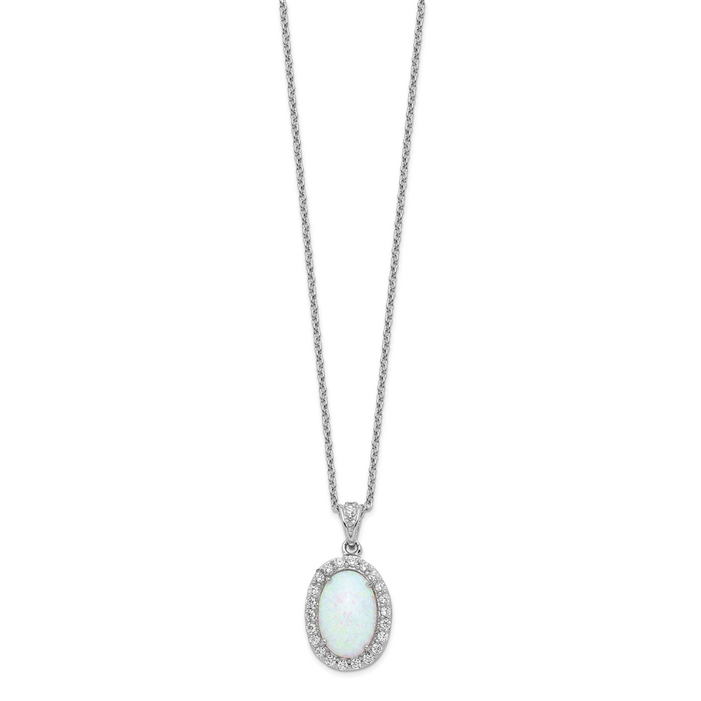 Cheryl M Sterling Silver Rhodium-plated Cabochon Lab Created Opal and Brilliant-cut CZ Oval Halo 18 Inch Necklace