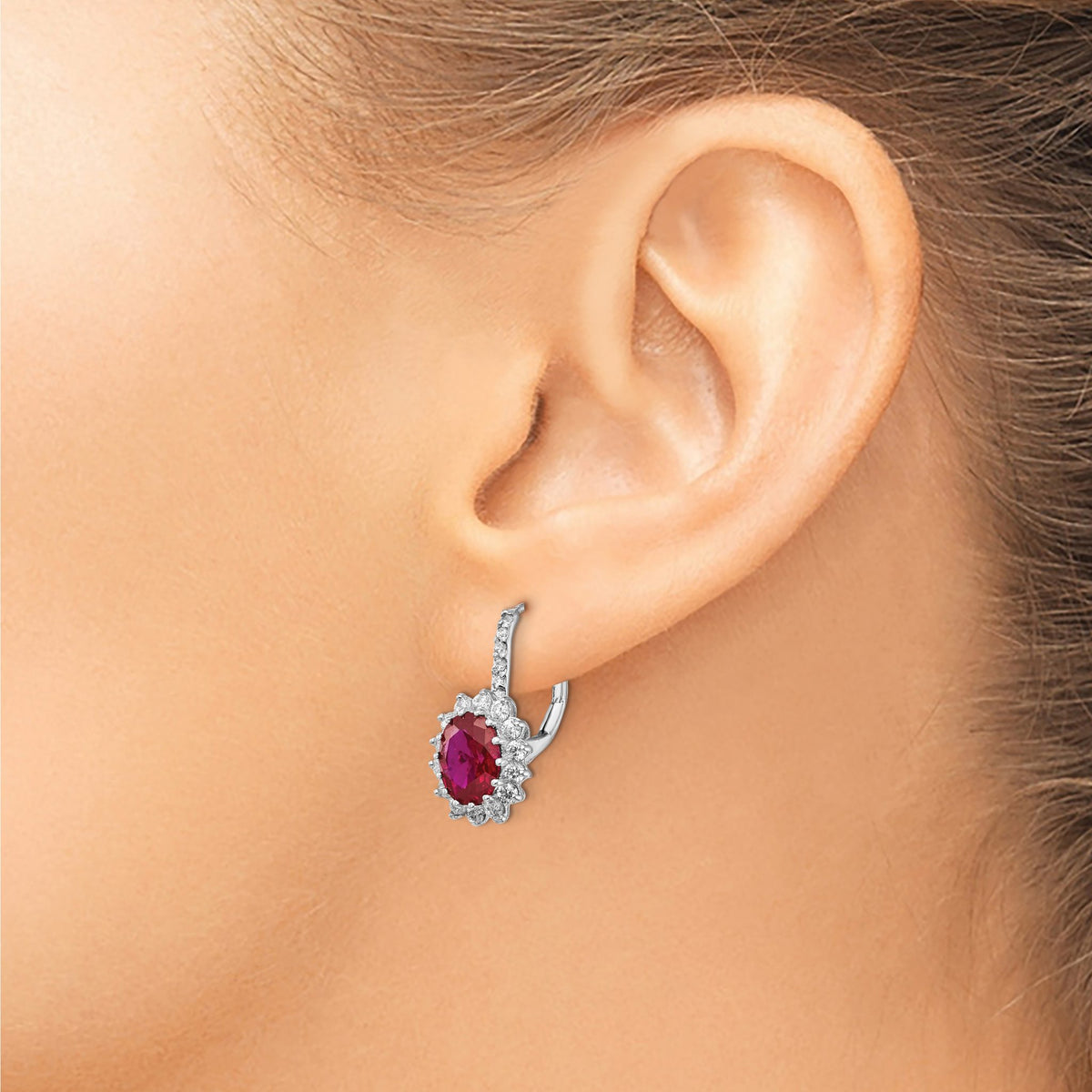 Oval Lab-Created Ruby White Cubic Zirconia Halo Leverback Earrings in Sterling Silver - Sophia Jewelers