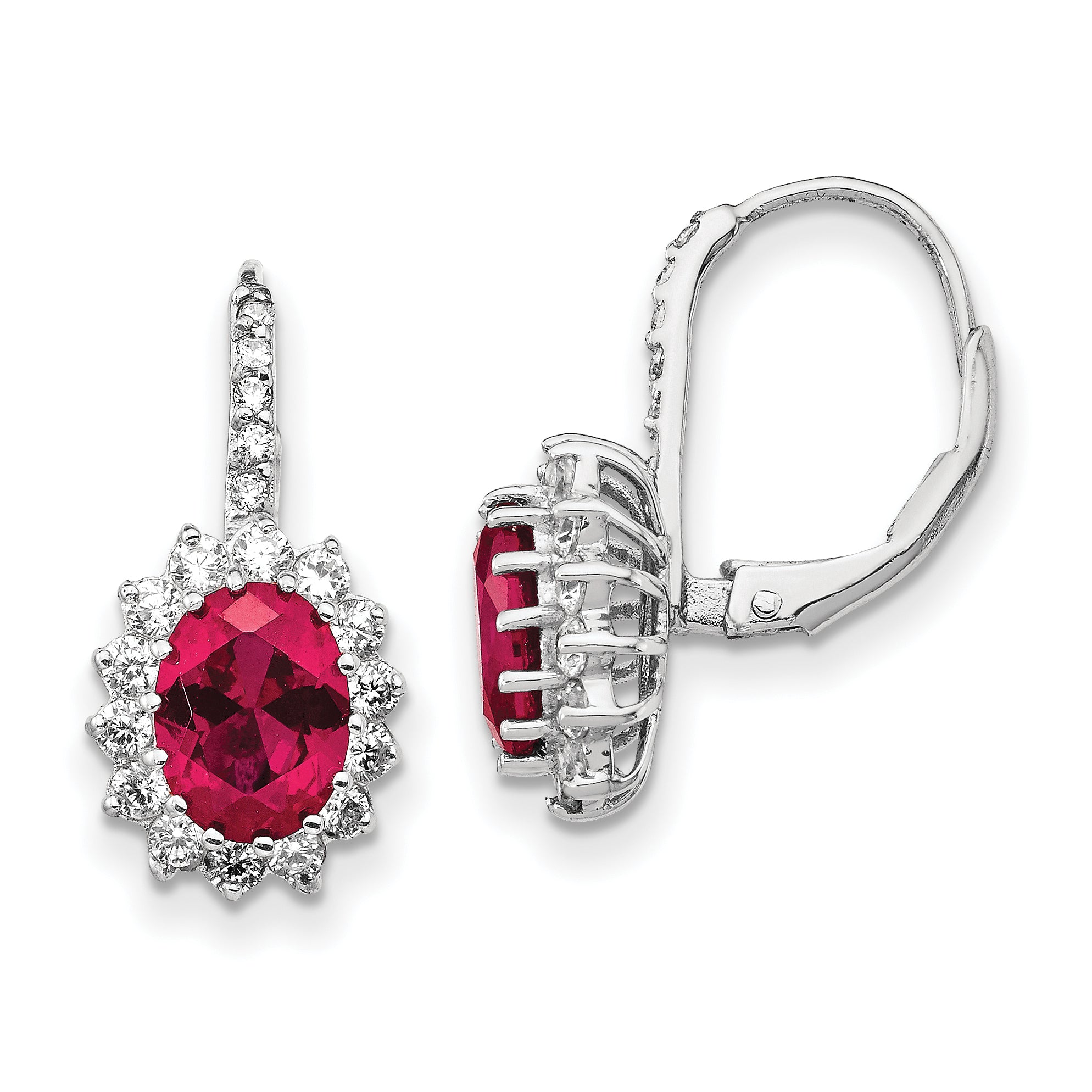 Cheryl M Sterling Silver Rhodium-plated Brilliant-cut Lab Created Ruby and Brilliant-cut White CZ Oval Halo Leverback Earrings Main image