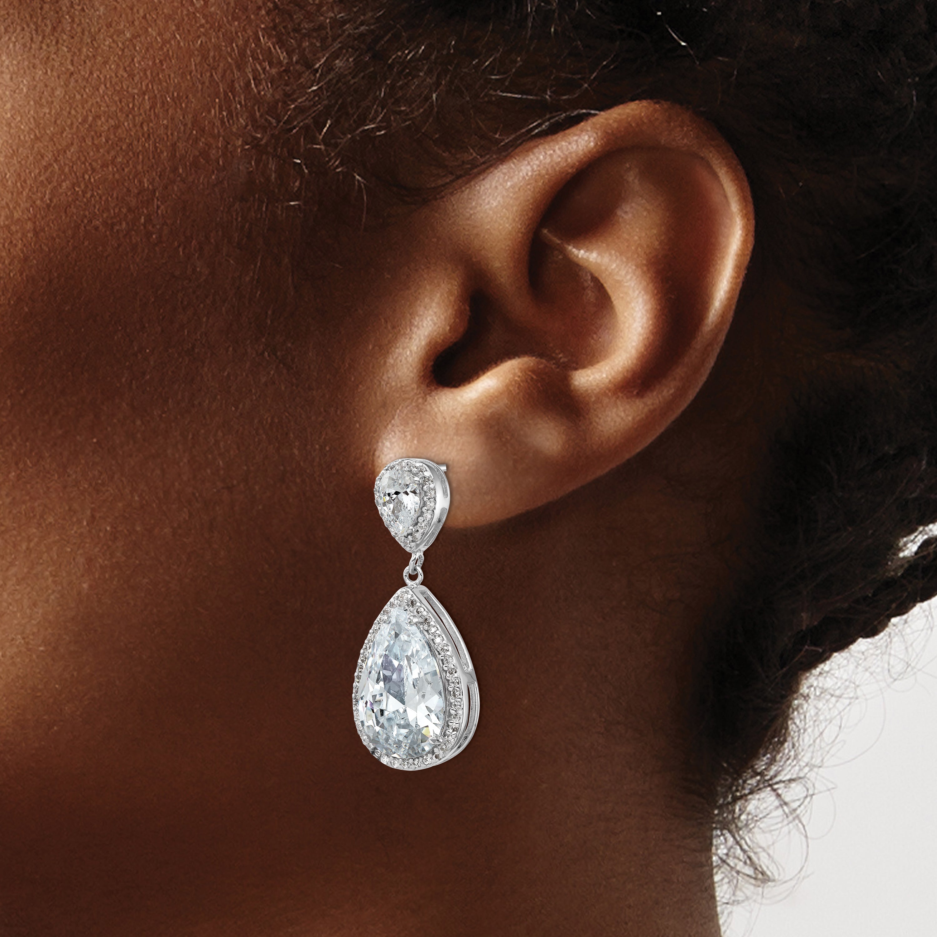 Cheryl M Sterling Silver Rhodium-plated Fancy Brilliant-cut Pear Shaped CZ Post Dangle Earrings