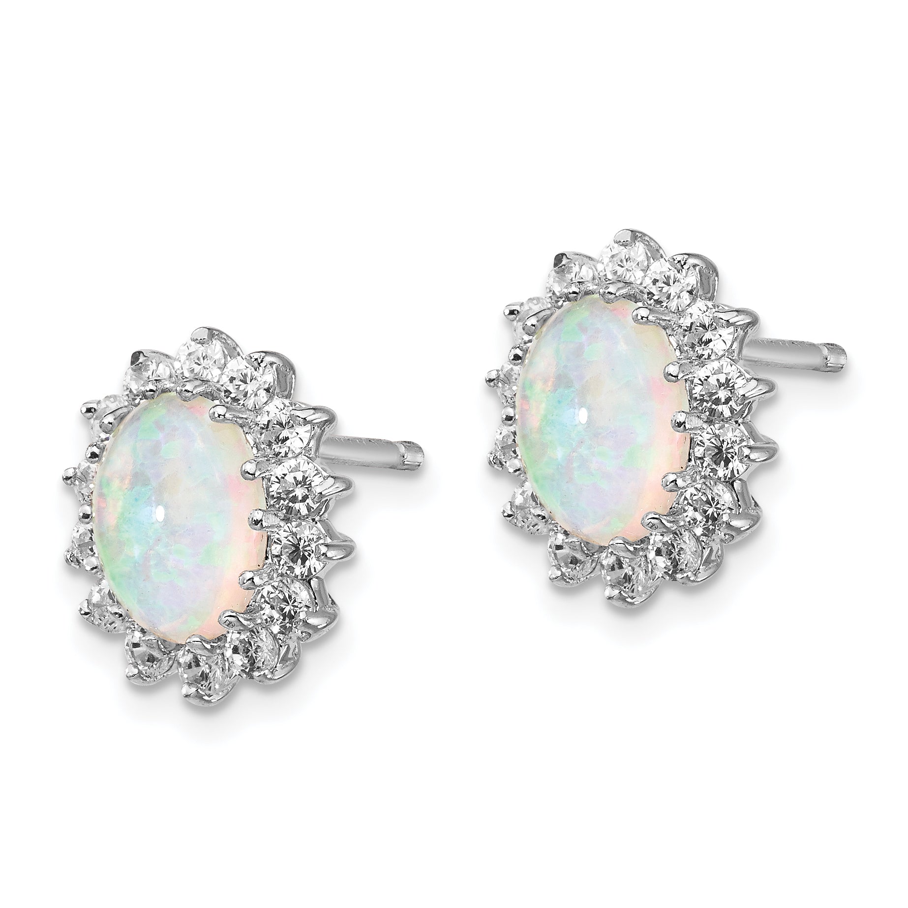Cheryl M Sterling Silver Rhodium-plated Cabochon Lab Created Opal and Brilliant-cut CZ Oval Halo Post Earrings Secondary image