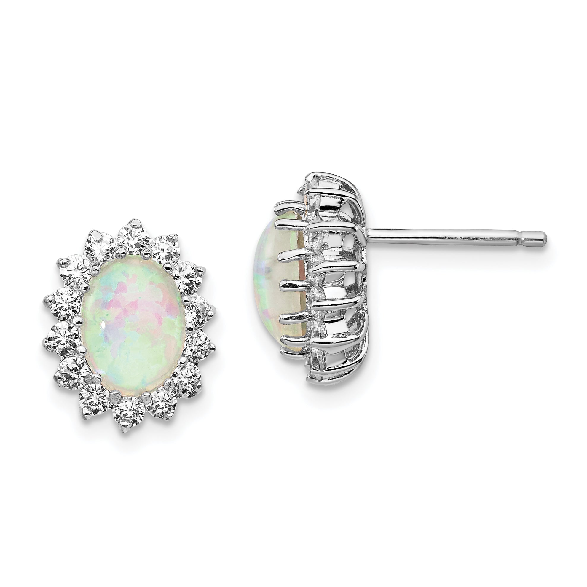 Cheryl M Sterling Silver Rhodium-plated Cabochon Lab Created Opal and Brilliant-cut CZ Oval Halo Post Earrings Main image