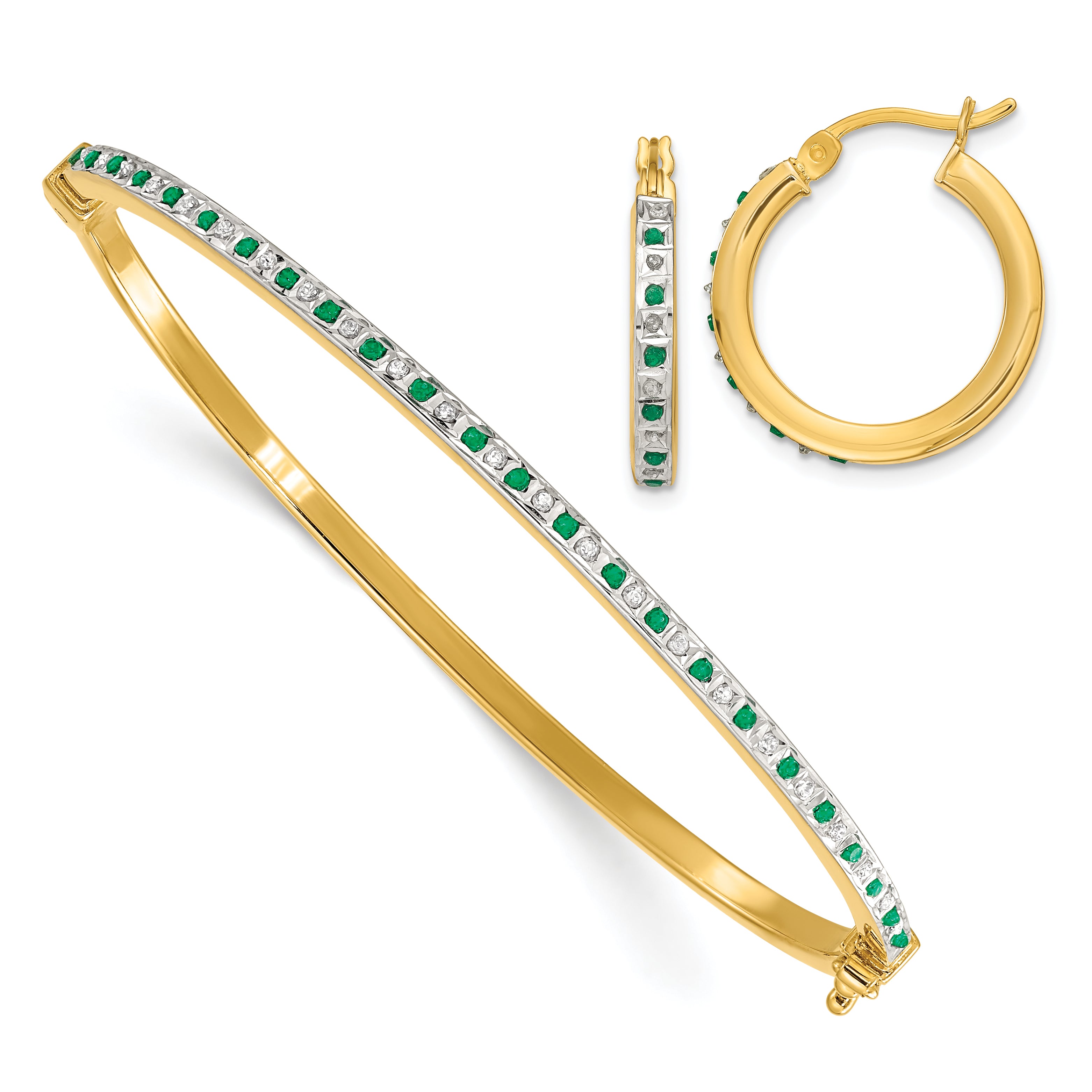 Diamond Fascination Diamond Mystique Sterling Silver 18K Gold-plated Diamond and Emerald Hoop Earrings and Bangle Set Main image