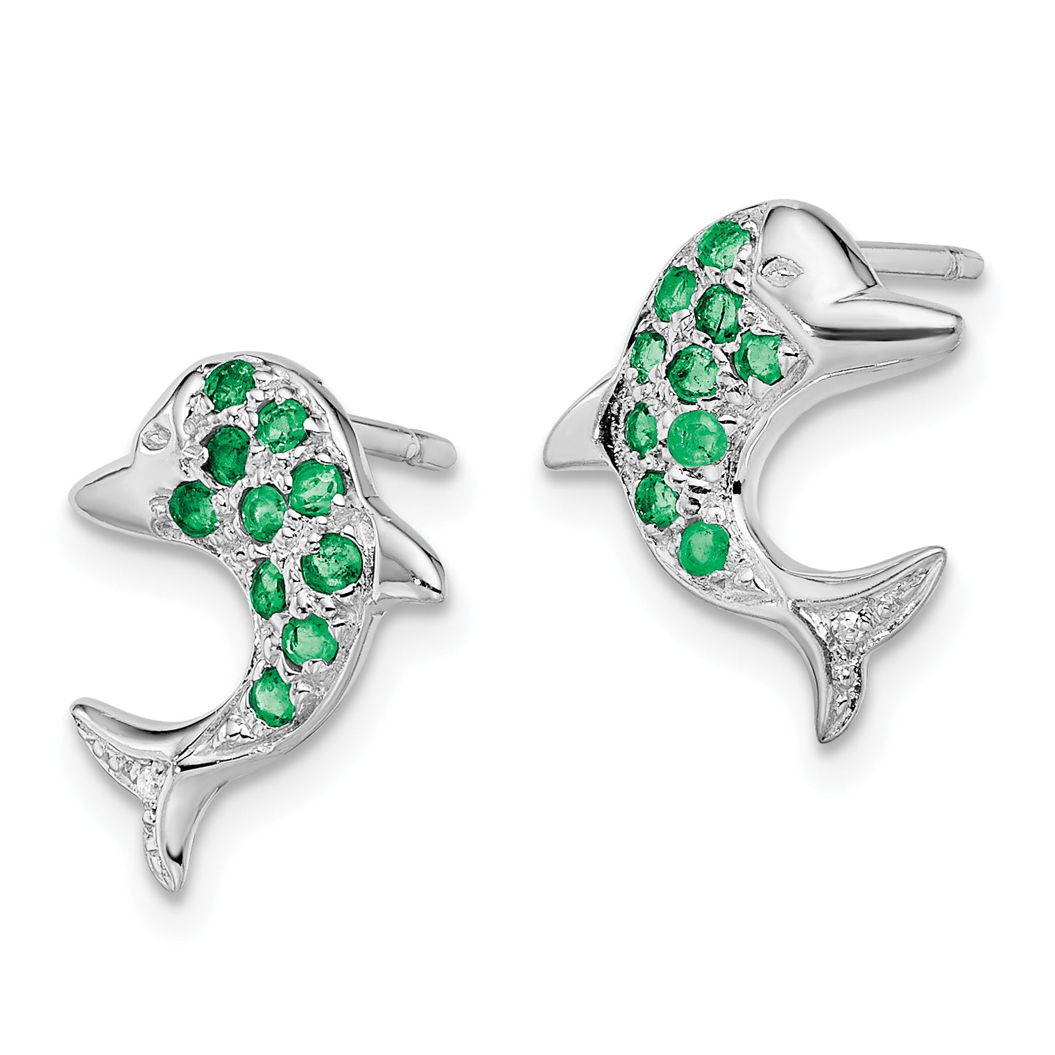 Sterling Silver Rhodium Emerald & Diamond Dolphin Post Earrings Secondary image