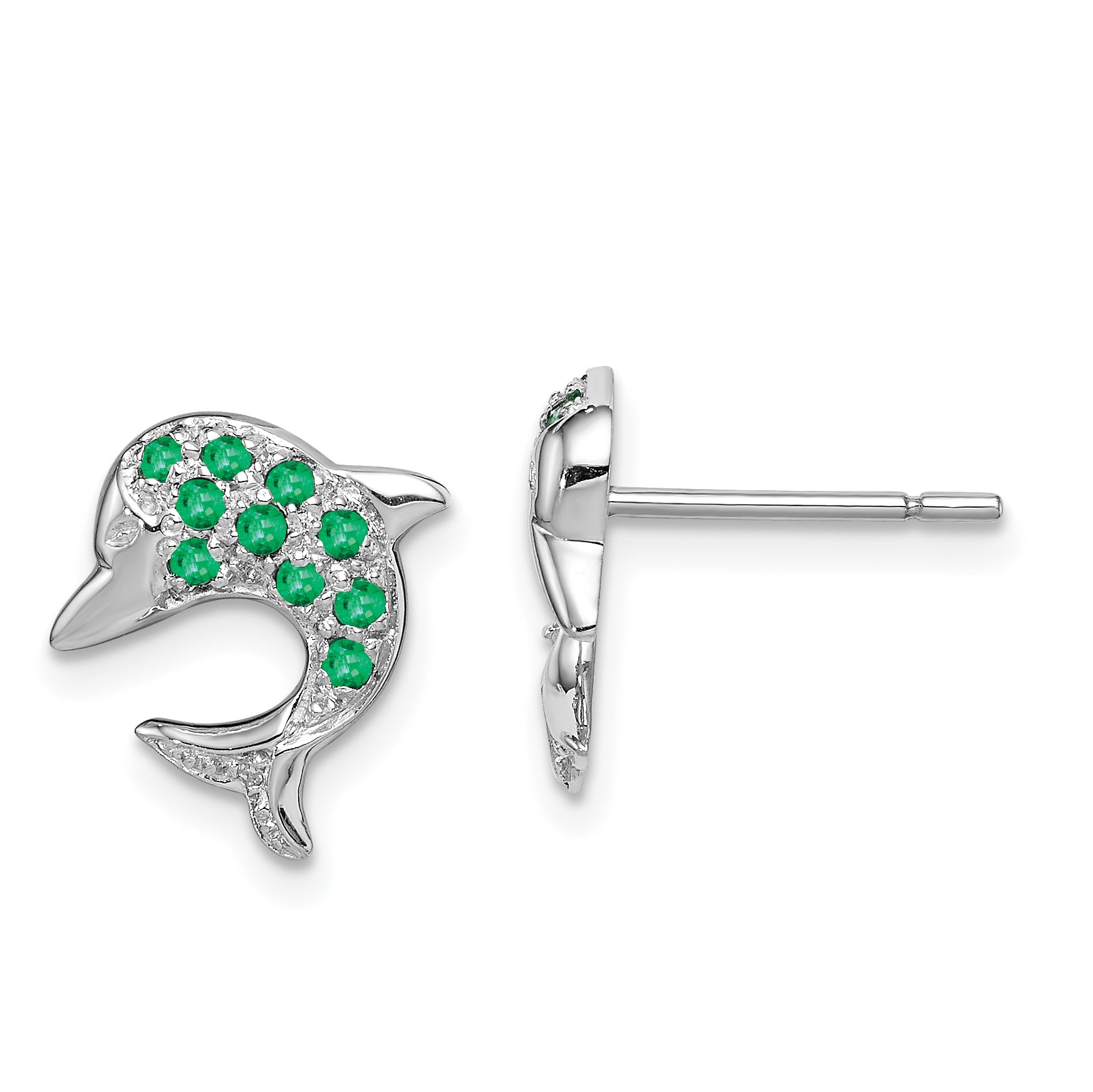 Sterling Silver Rhodium Emerald & Diamond Dolphin Post Earrings Main image