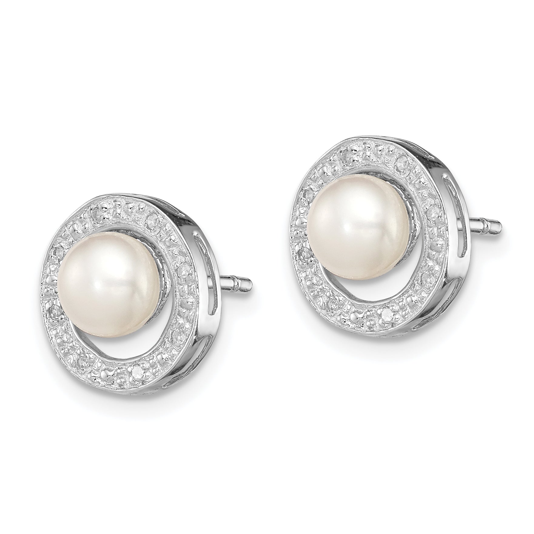 Sterling Silver Rhodium 6mm FW Cultured Pearl & Diamond Post Ear Secondary image