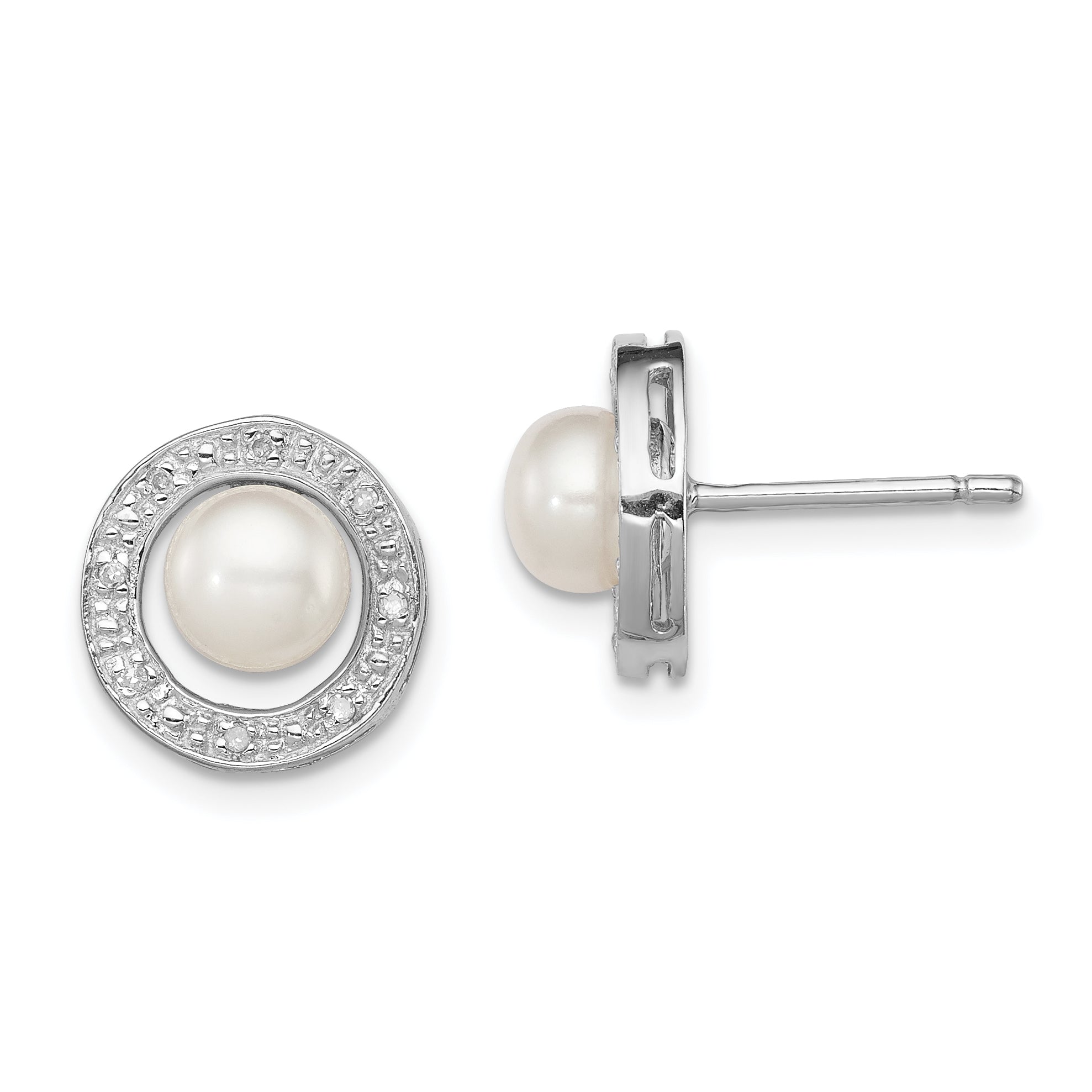 Sterling Silver Rhodium 6mm FW Cultured Pearl & Diamond Post Ear Main image