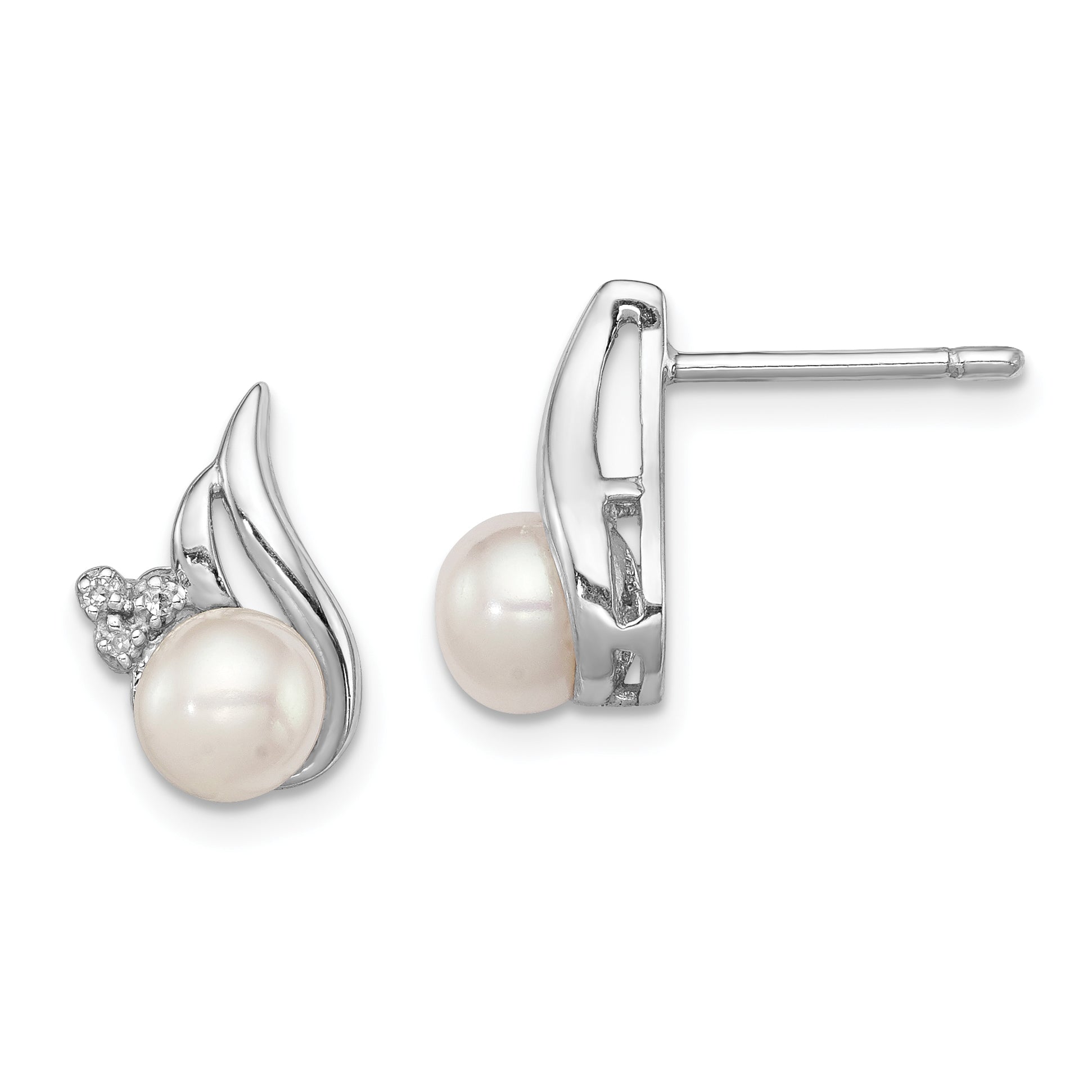 Sterling Silver Rhodium 6mm FW Cultured Pearl & Diamond Post Ear Main image