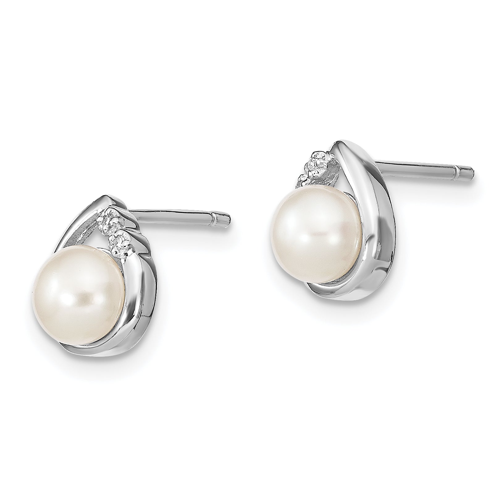 Sterling Silver Rhodium-plated 5mm FW Cultured Pearl & Diamond Post Ear Secondary image