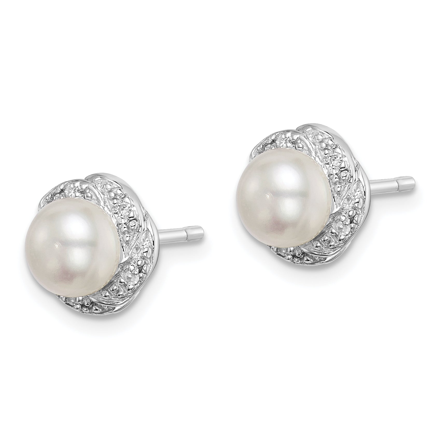 Sterling Silver Rhodium FW Cultured Pearl & Diamond Post Earrings Secondary image